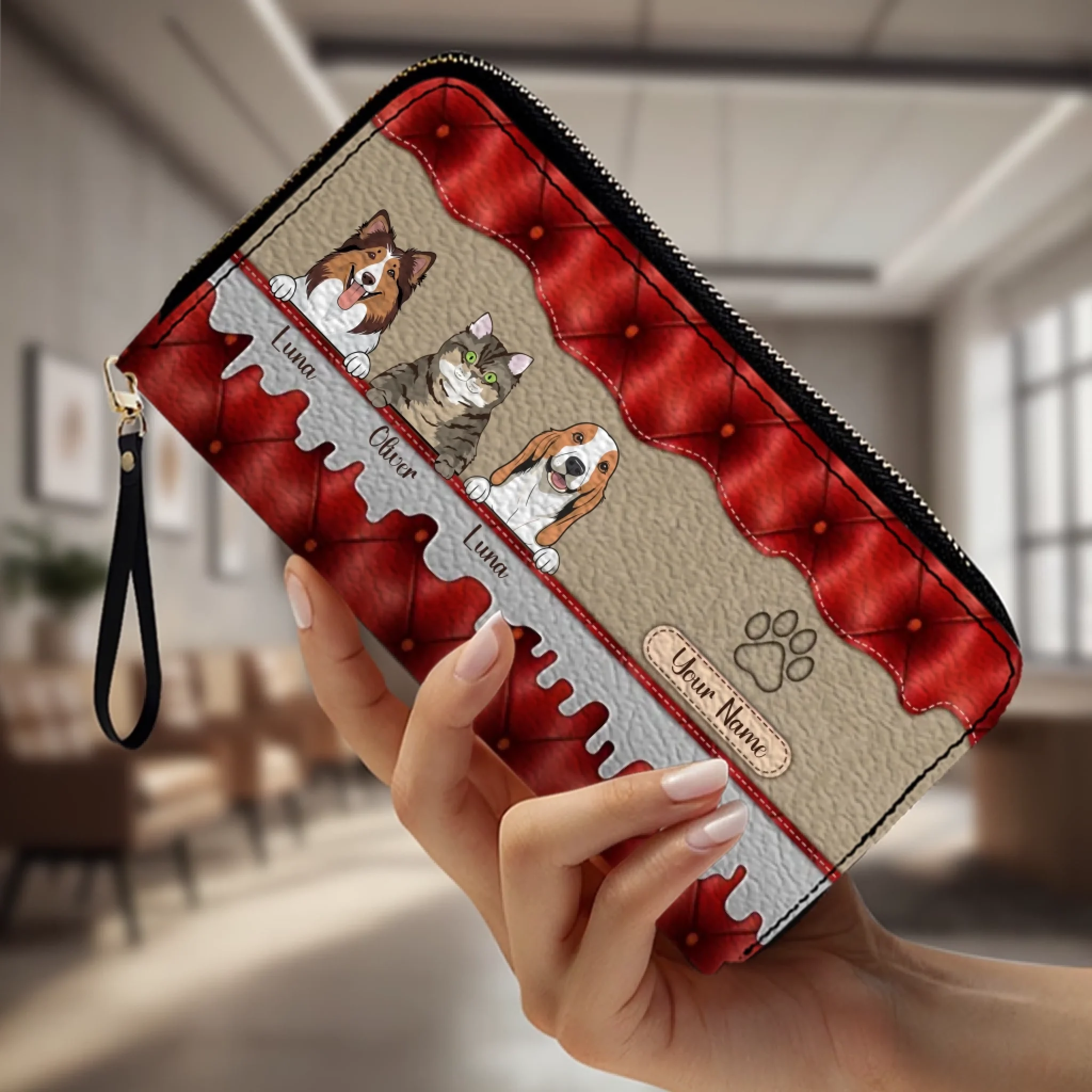 Custom Dog Leather Long Wallet – Add 1–3 Pets, Pick Breeds, Personalized Pet Lover Gift - 89Prints