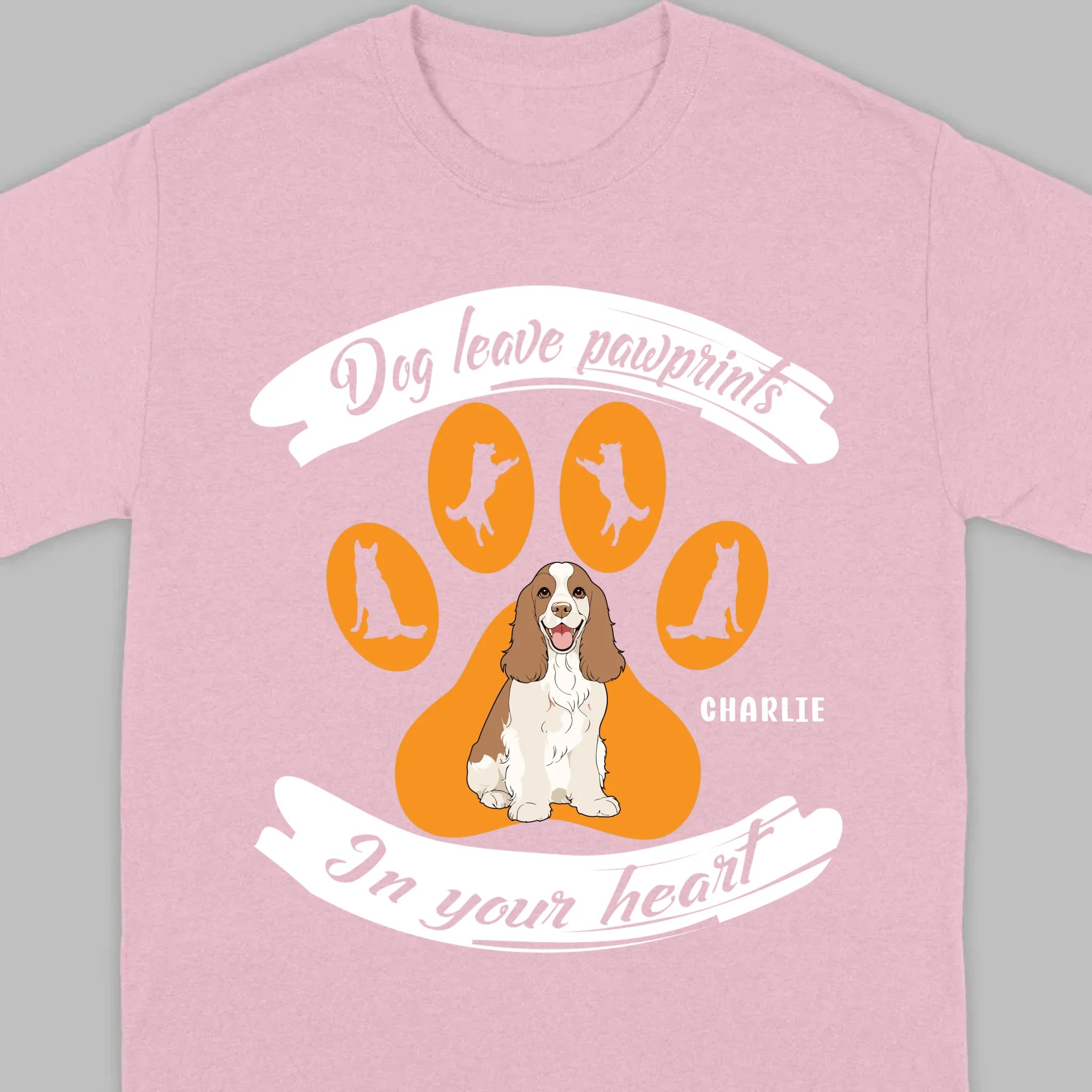 Personalized American Cocker Spaniel T-Shirts With 'Dog Leave Pawprints' Slogan, Custom Dog Clipart And Name - 89Prints