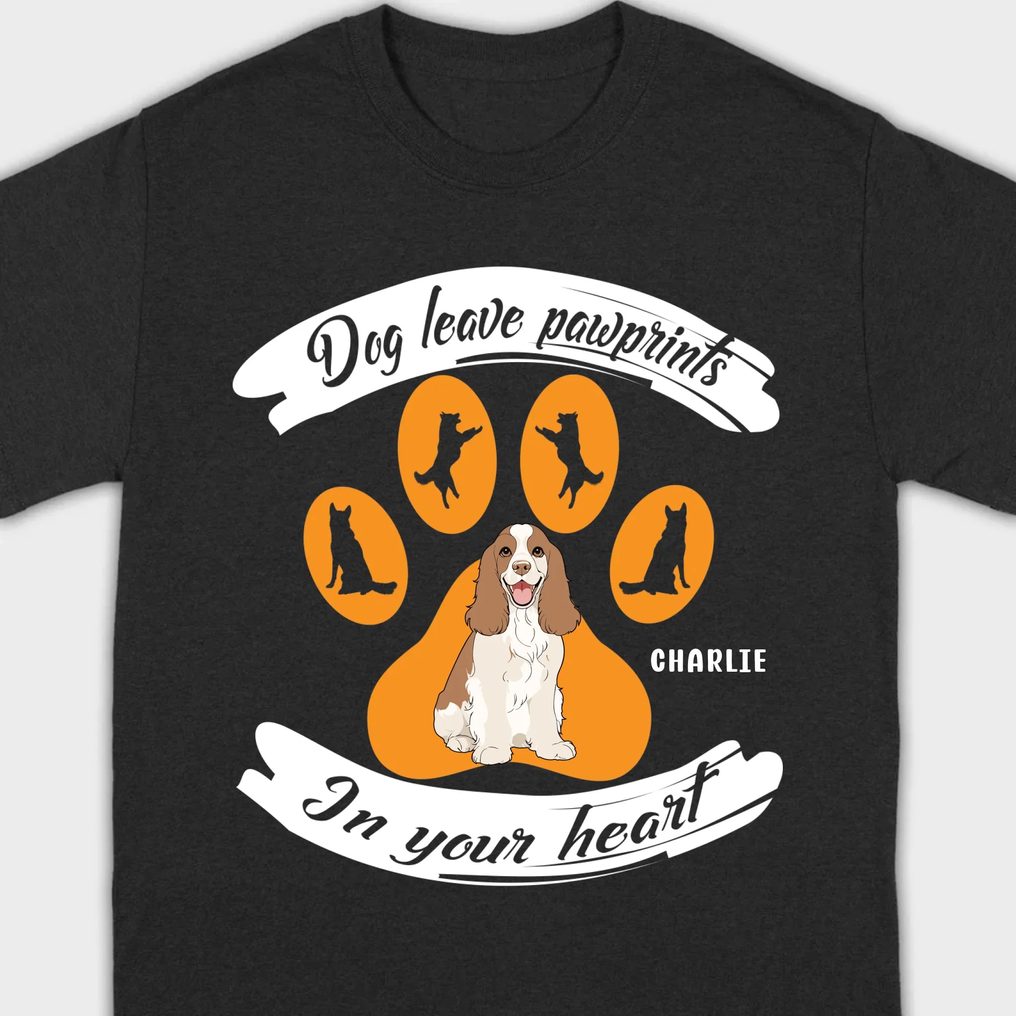 Personalized American Cocker Spaniel T-Shirts With 'Dog Leave Pawprints' Slogan, Custom Dog Clipart And Name - 89Prints