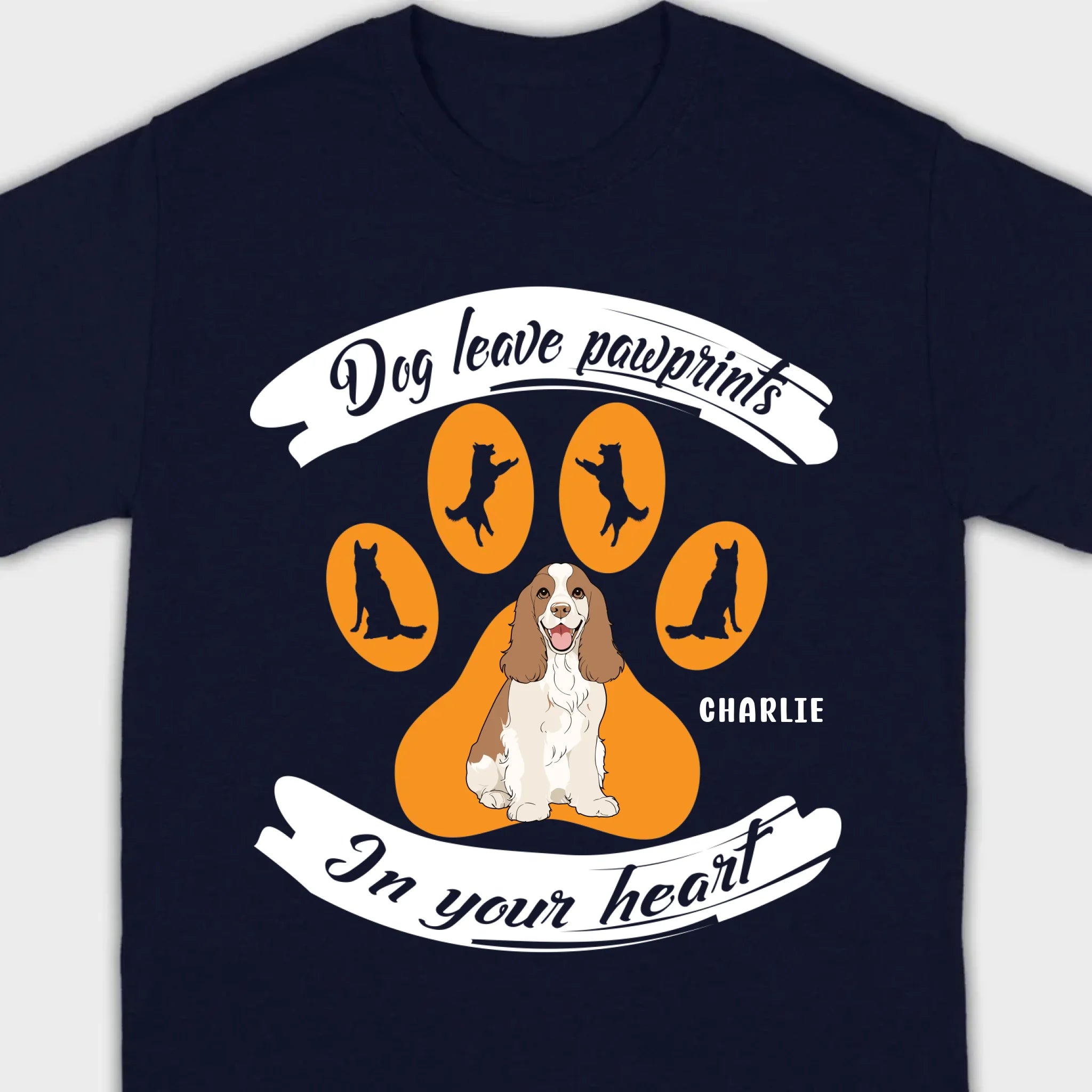 Personalized American Cocker Spaniel T-Shirts With 'Dog Leave Pawprints' Slogan, Custom Dog Clipart And Name - 89Prints