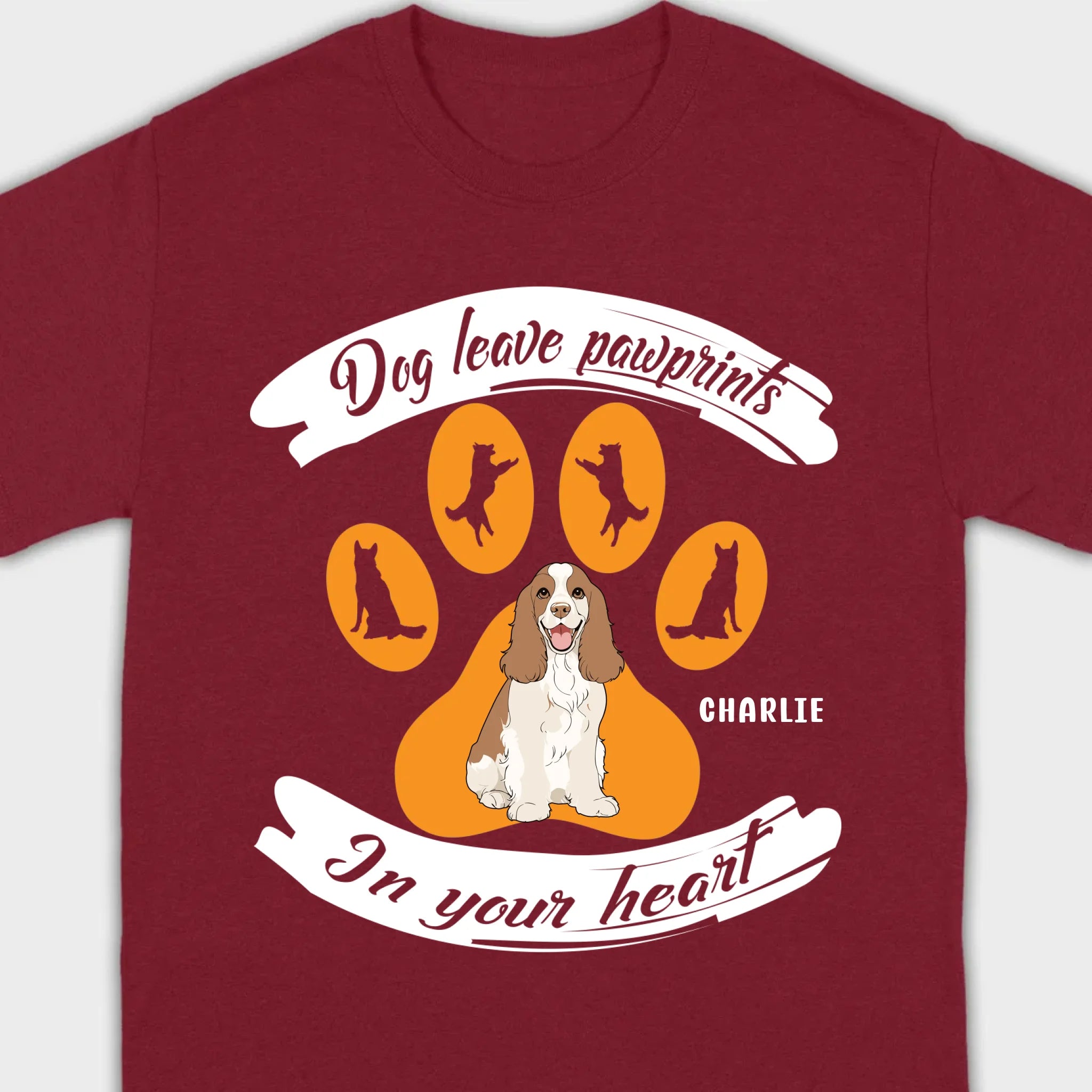 Personalized American Cocker Spaniel T-Shirts With 'Dog Leave Pawprints' Slogan, Custom Dog Clipart And Name - 89Prints