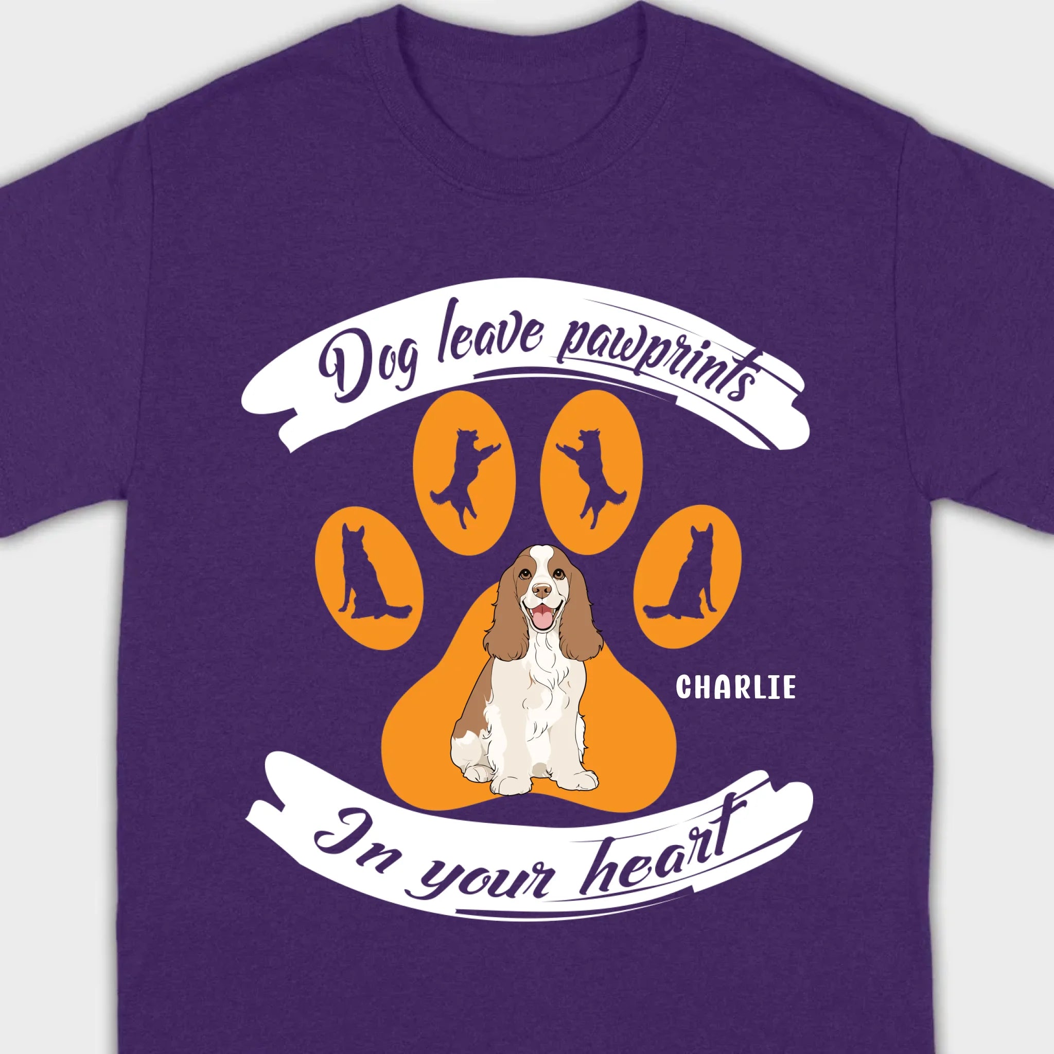 Personalized American Cocker Spaniel T-Shirts With 'Dog Leave Pawprints' Slogan, Custom Dog Clipart And Name - 89Prints