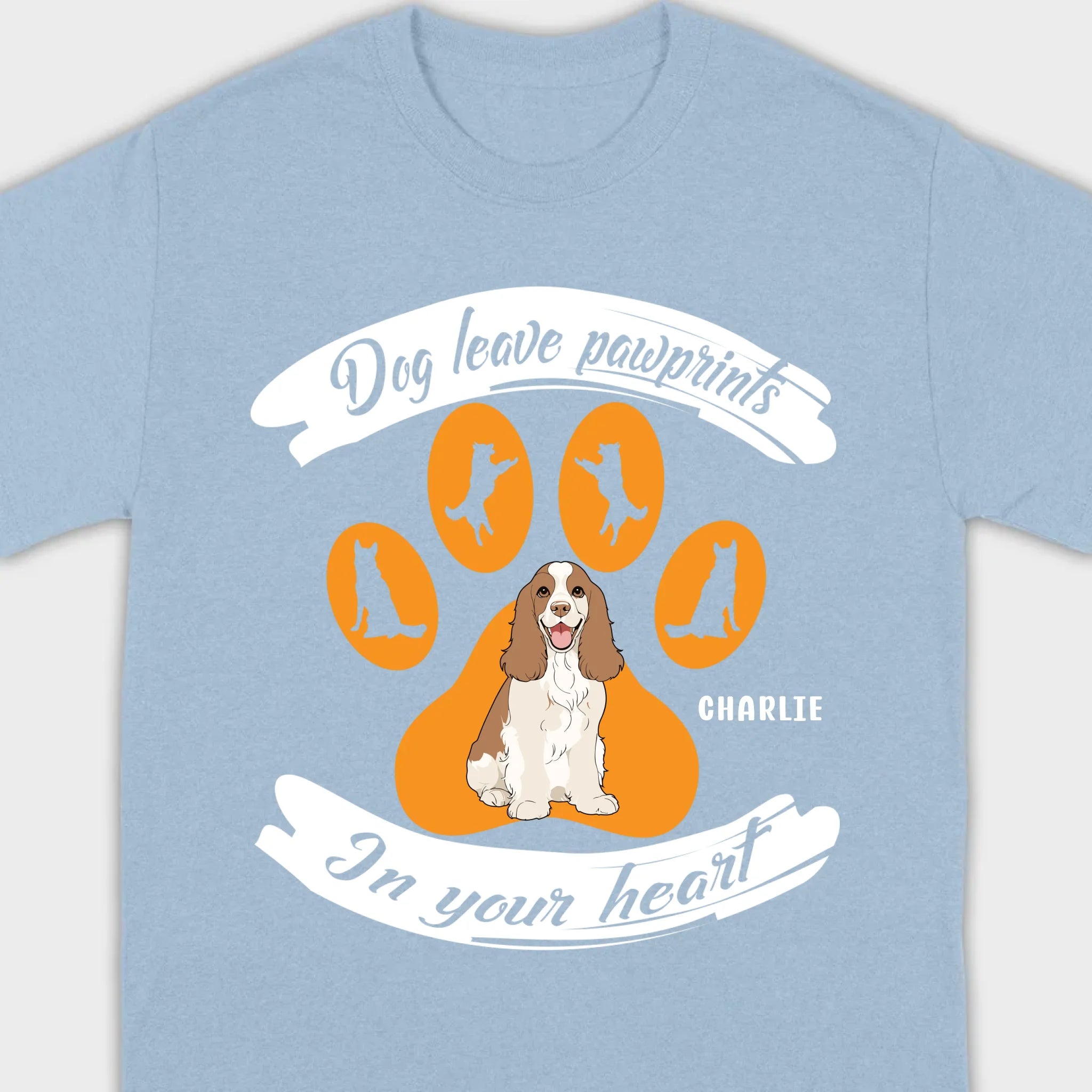 Personalized American Cocker Spaniel T-Shirts With 'Dog Leave Pawprints' Slogan, Custom Dog Clipart And Name - 89Prints