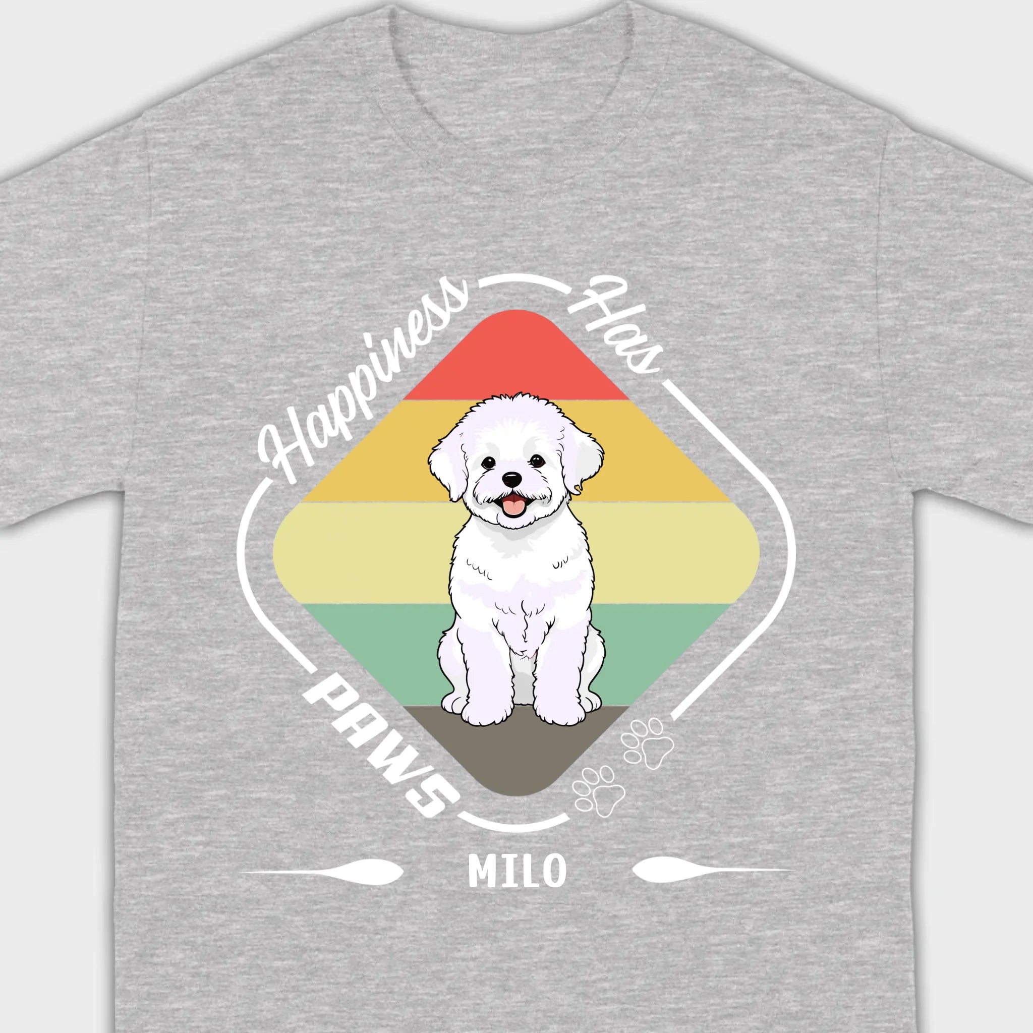 Personalized Bichon Frise T-Shirts With 'Happiness Has Paws' Text - 89Prints