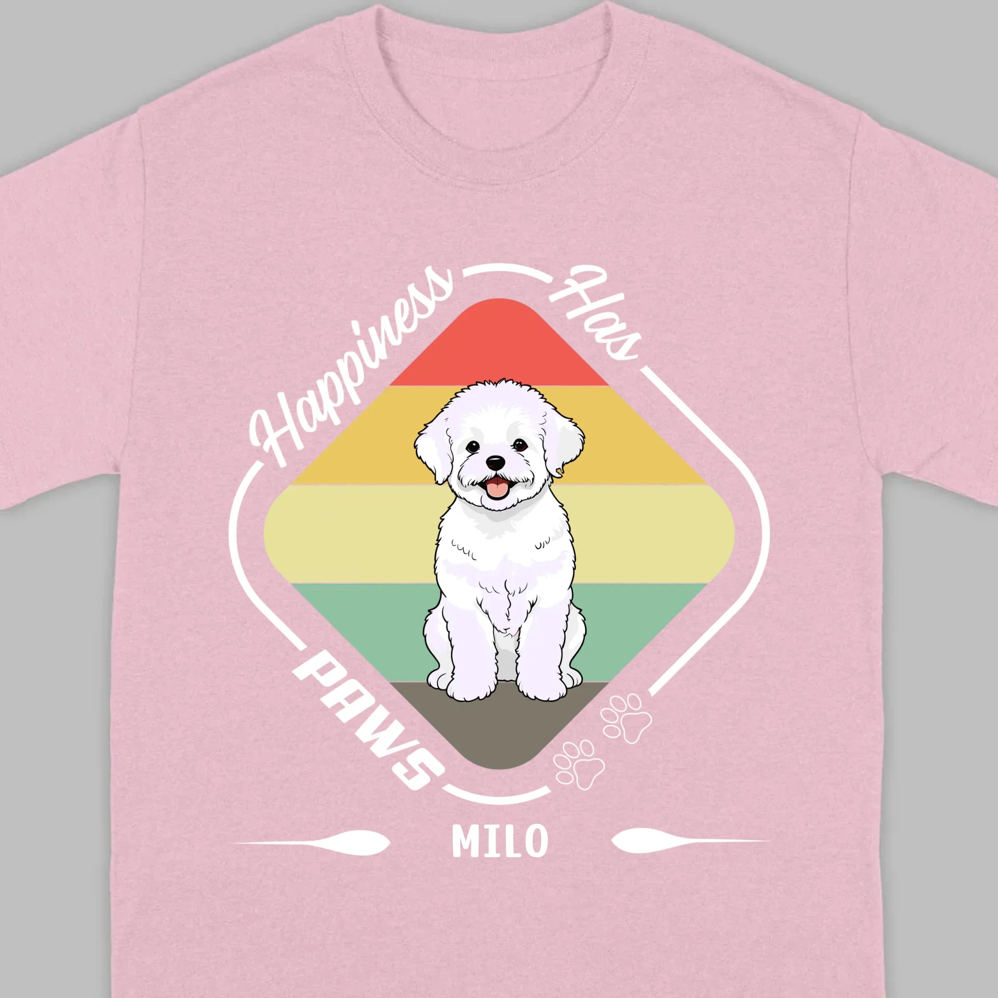 Personalized Bichon Frise T-Shirts With 'Happiness Has Paws' Text - 89Prints