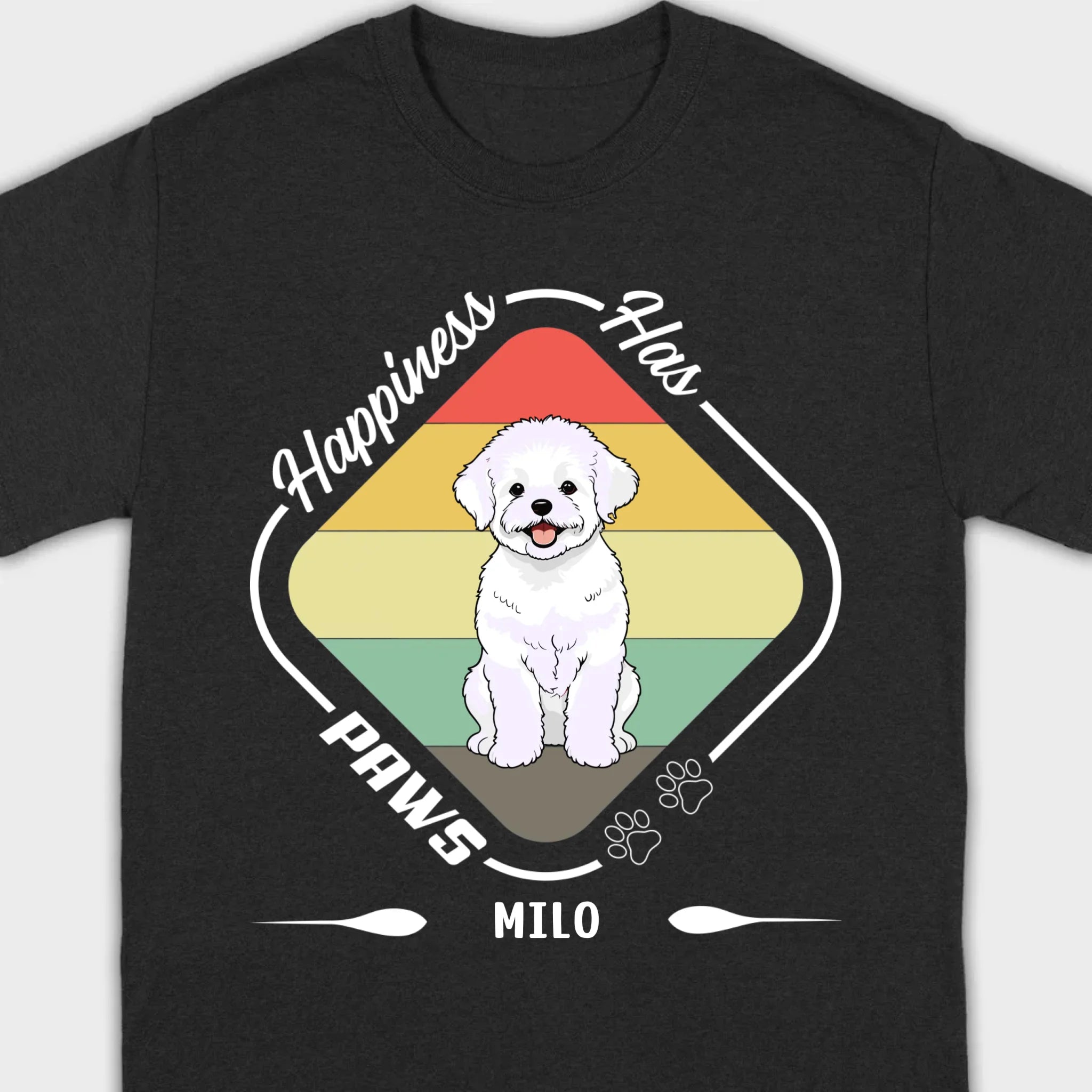 Personalized Bichon Frise T-Shirts With 'Happiness Has Paws' Text - 89Prints