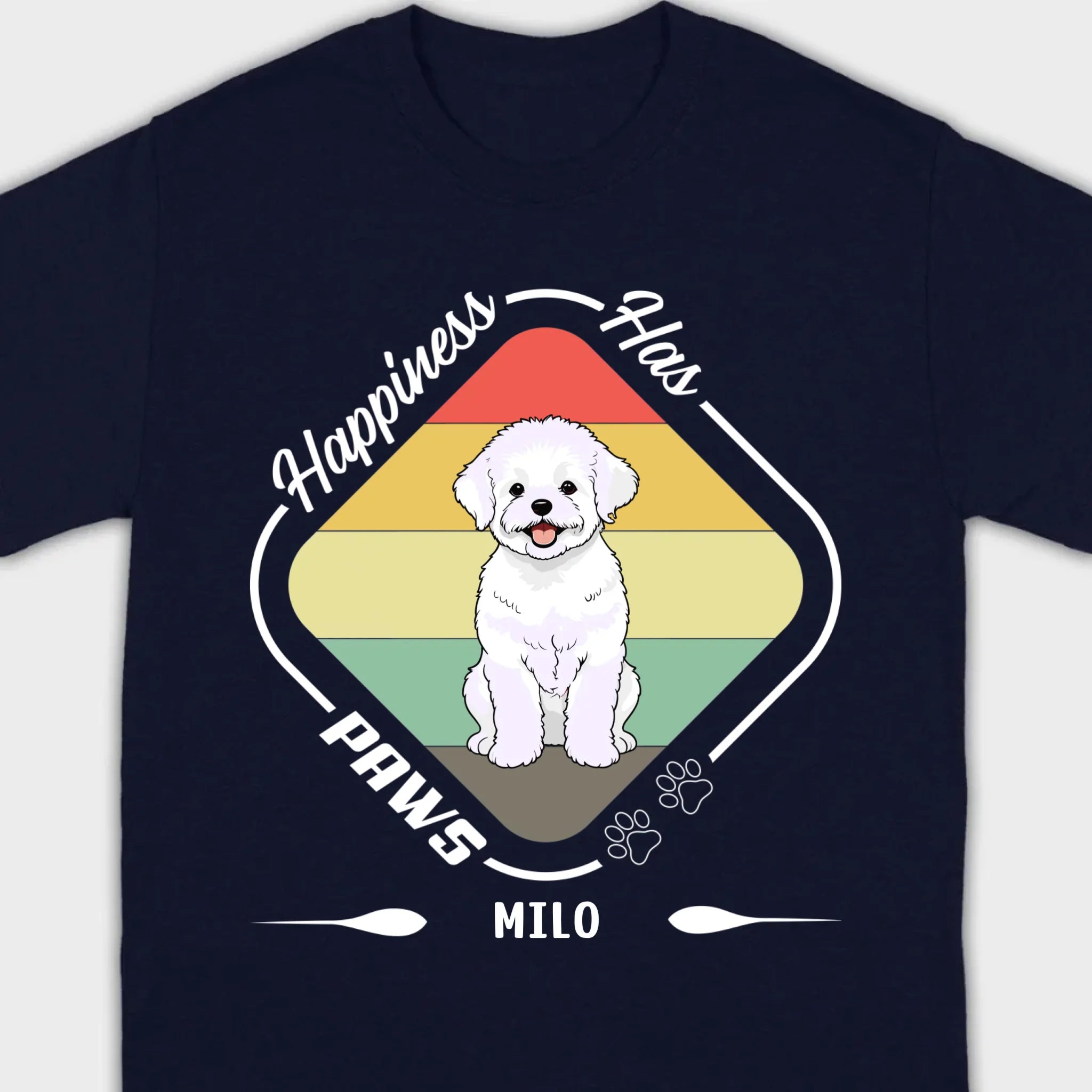 Personalized Bichon Frise T-Shirts With 'Happiness Has Paws' Text - 89Prints
