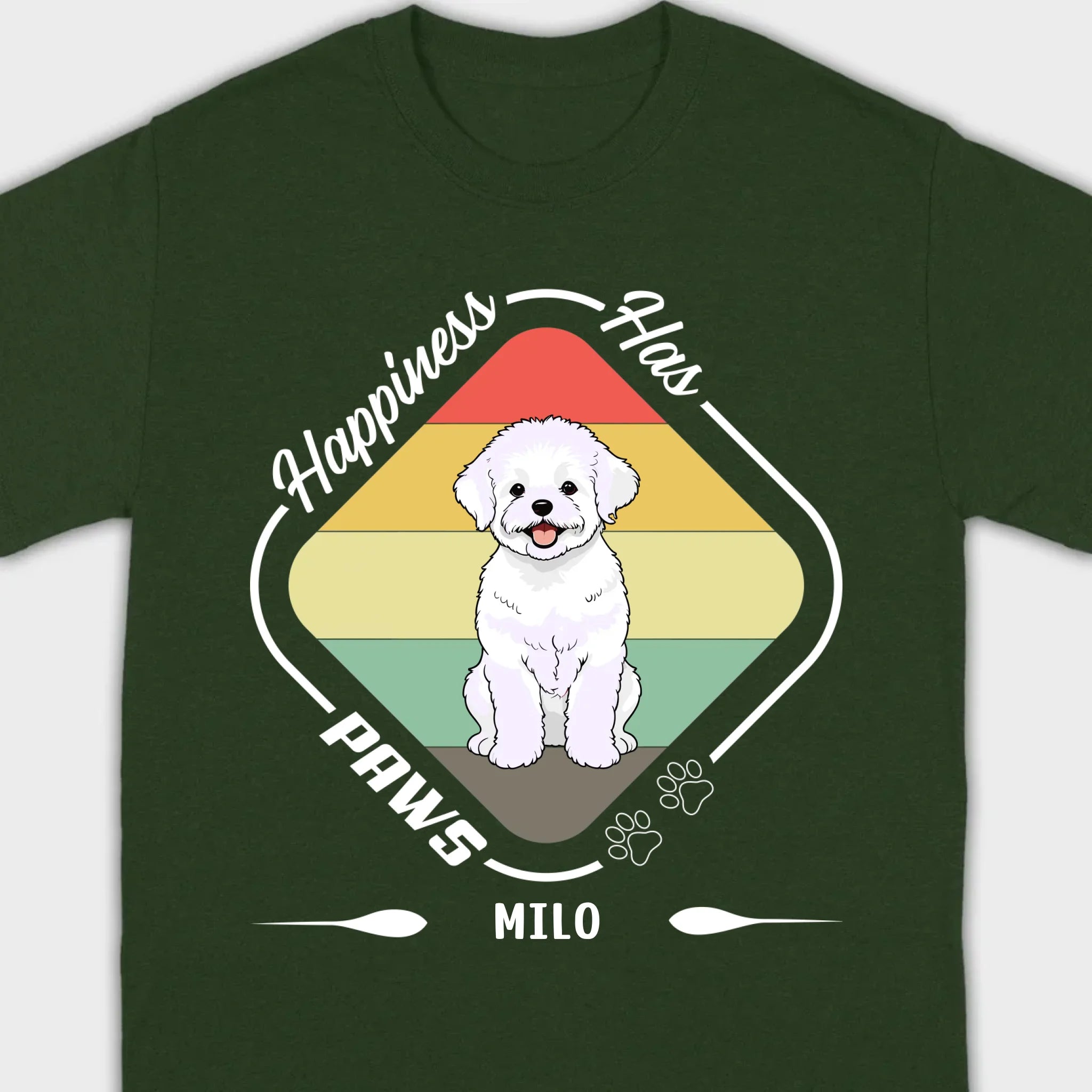 Personalized Bichon Frise T-Shirts With 'Happiness Has Paws' Text - 89Prints