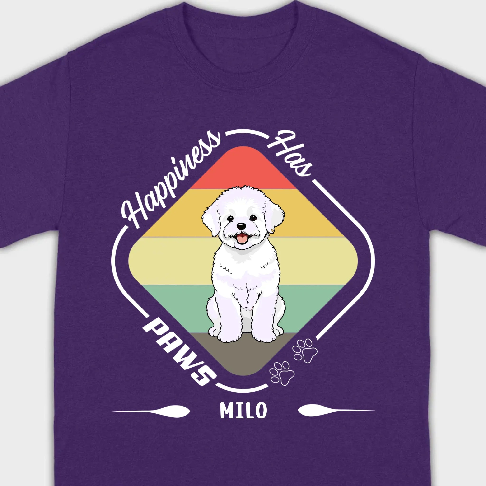 Personalized Bichon Frise T-Shirts With 'Happiness Has Paws' Text - 89Prints