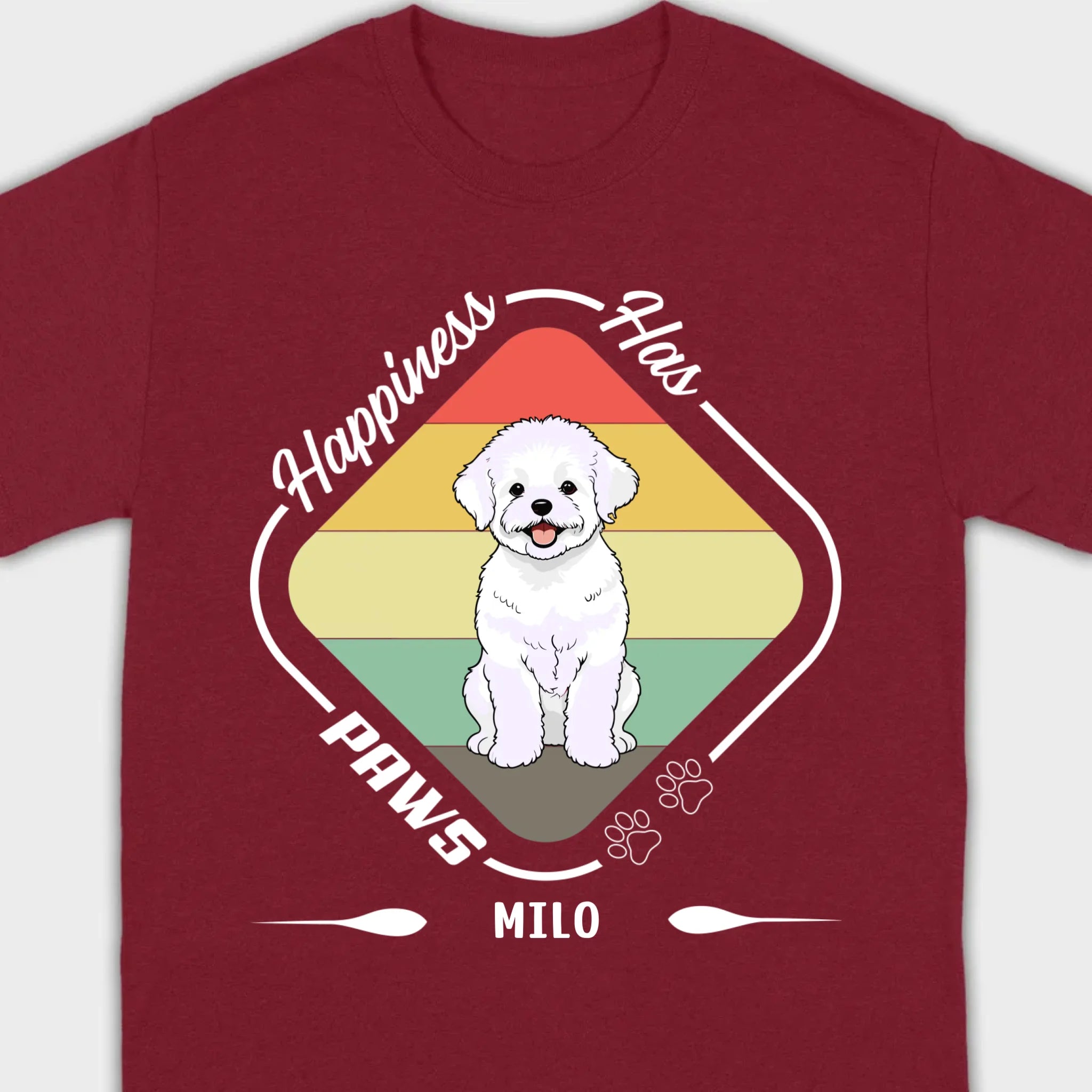 Personalized Bichon Frise T-Shirts With 'Happiness Has Paws' Text - 89Prints