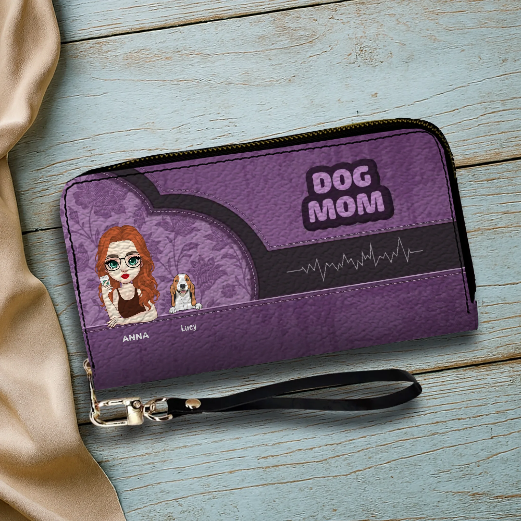 Dog Mom Zip-Around Wallet – Cartoon Pet Artwork with “DOG MOM” Print - 89Prints