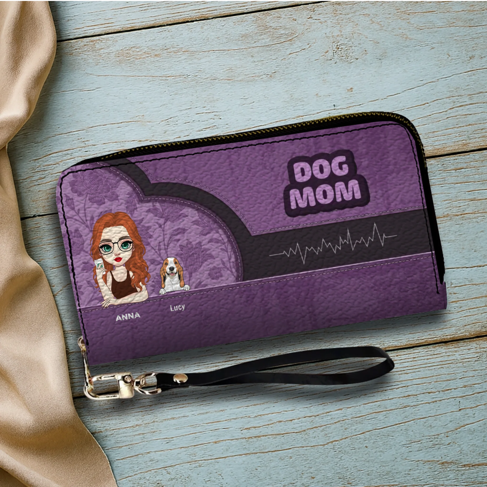 Dog Mom Zip-Around Wallet – Cartoon Pet Artwork with “DOG MOM” Print - 89Prints