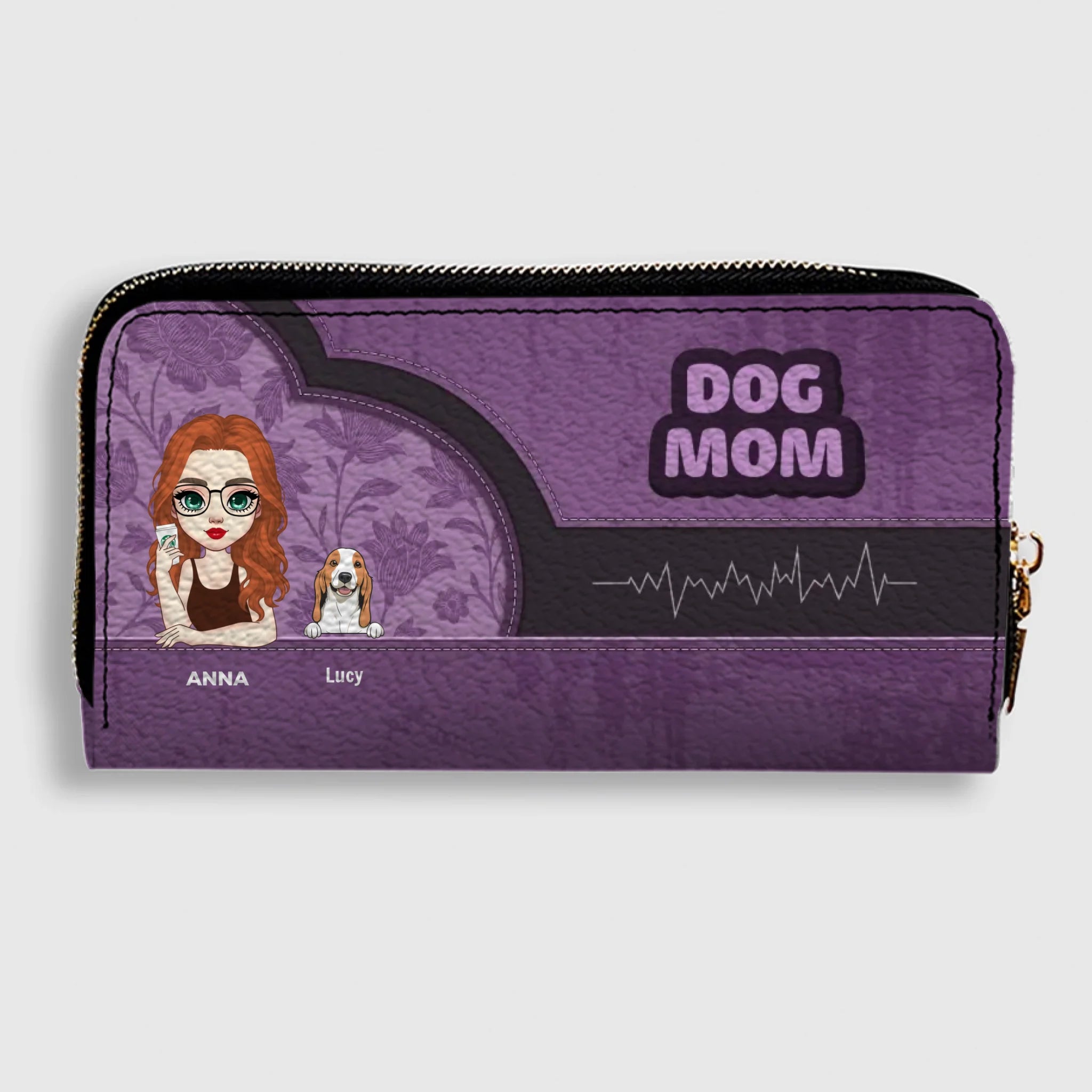Dog Mom Zip-Around Wallet – Cartoon Pet Artwork with “DOG MOM” Print - 89Prints