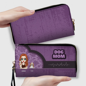 Dog Mom Zip-Around Wallet – Cartoon Pet Artwork with “DOG MOM” Print - 89Prints