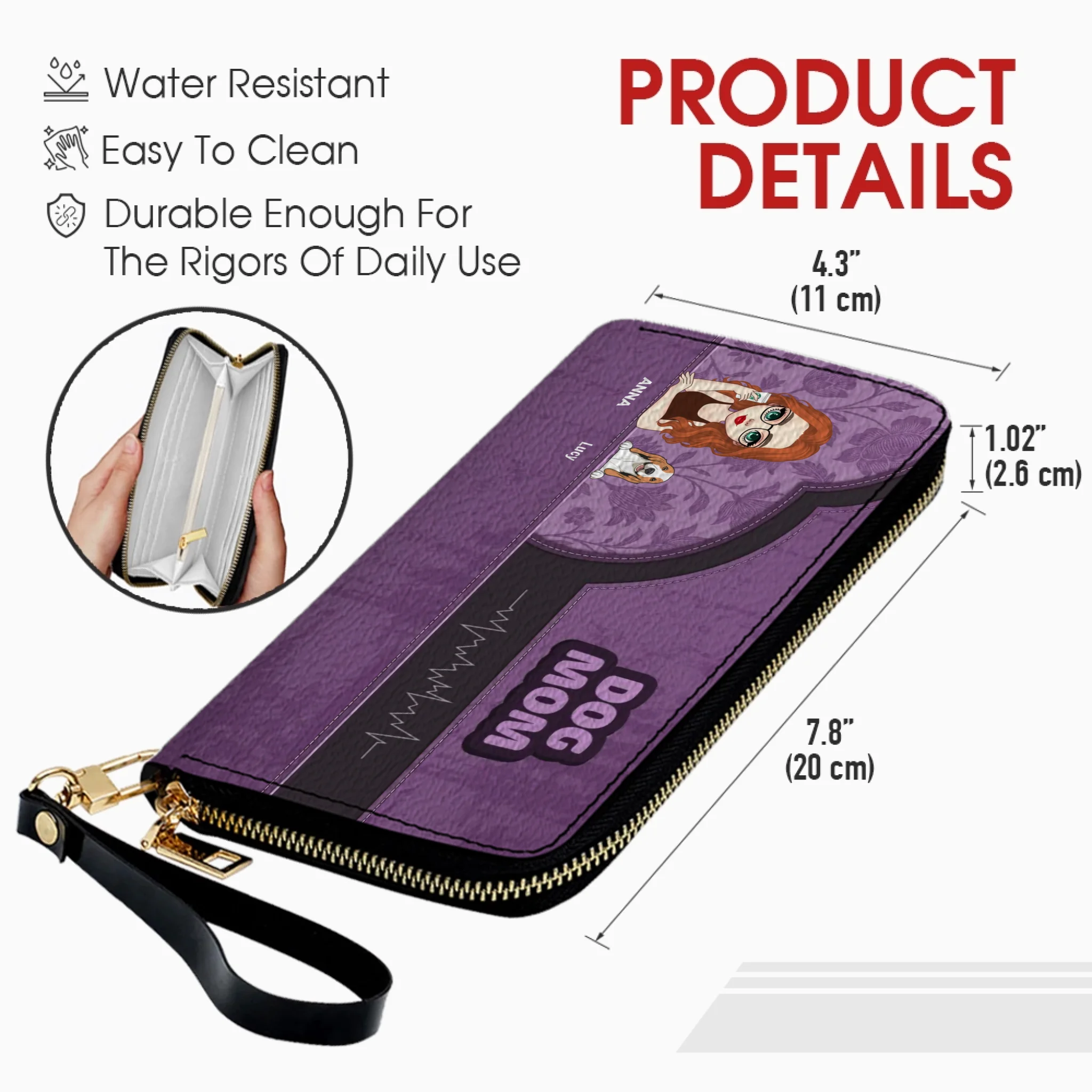 Dog Mom Zip-Around Wallet – Cartoon Pet Artwork with “DOG MOM” Print - 89Prints