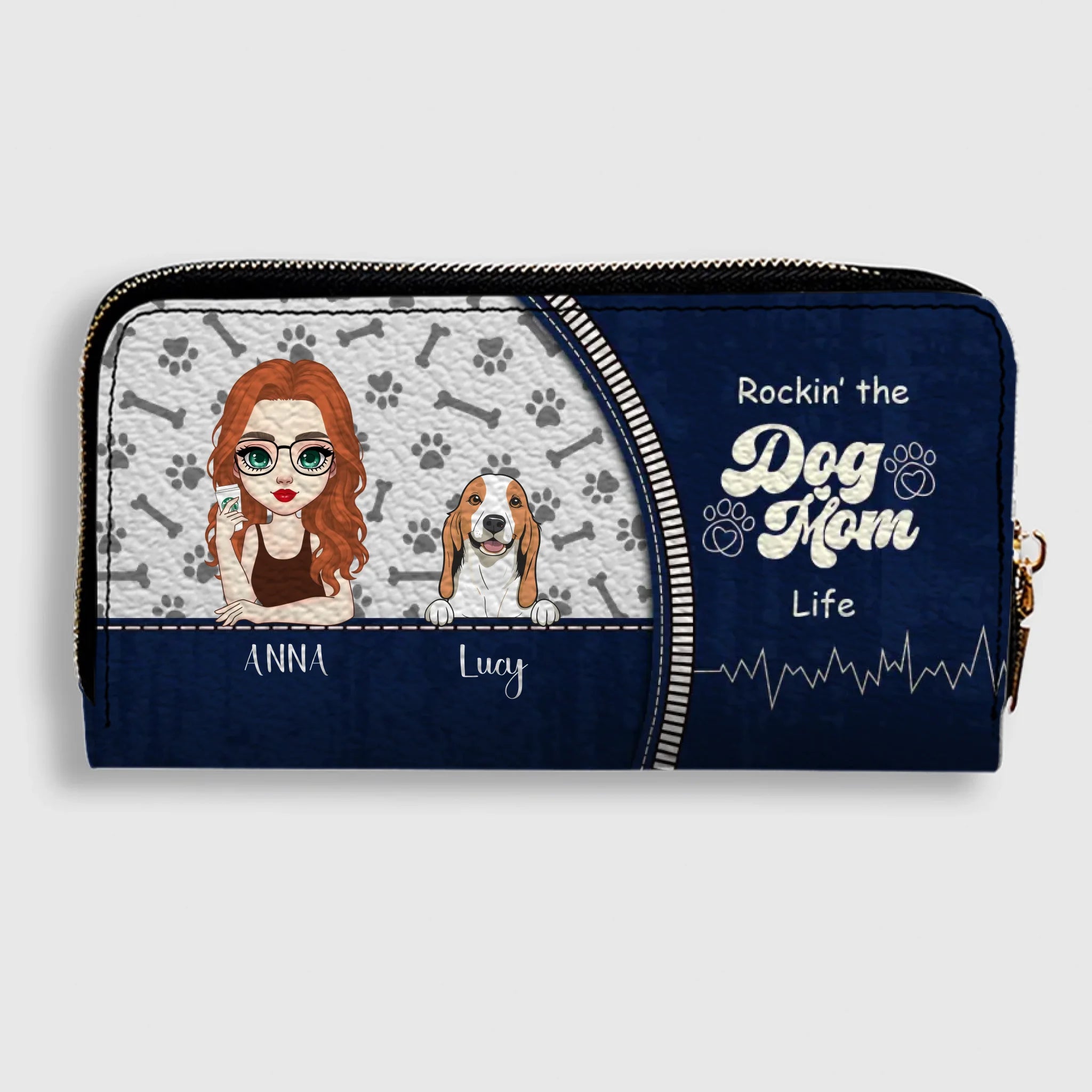 Personalized Dog Mom Wallet – Custom Girl & Dog Illustration Zip Wallet - 89Prints