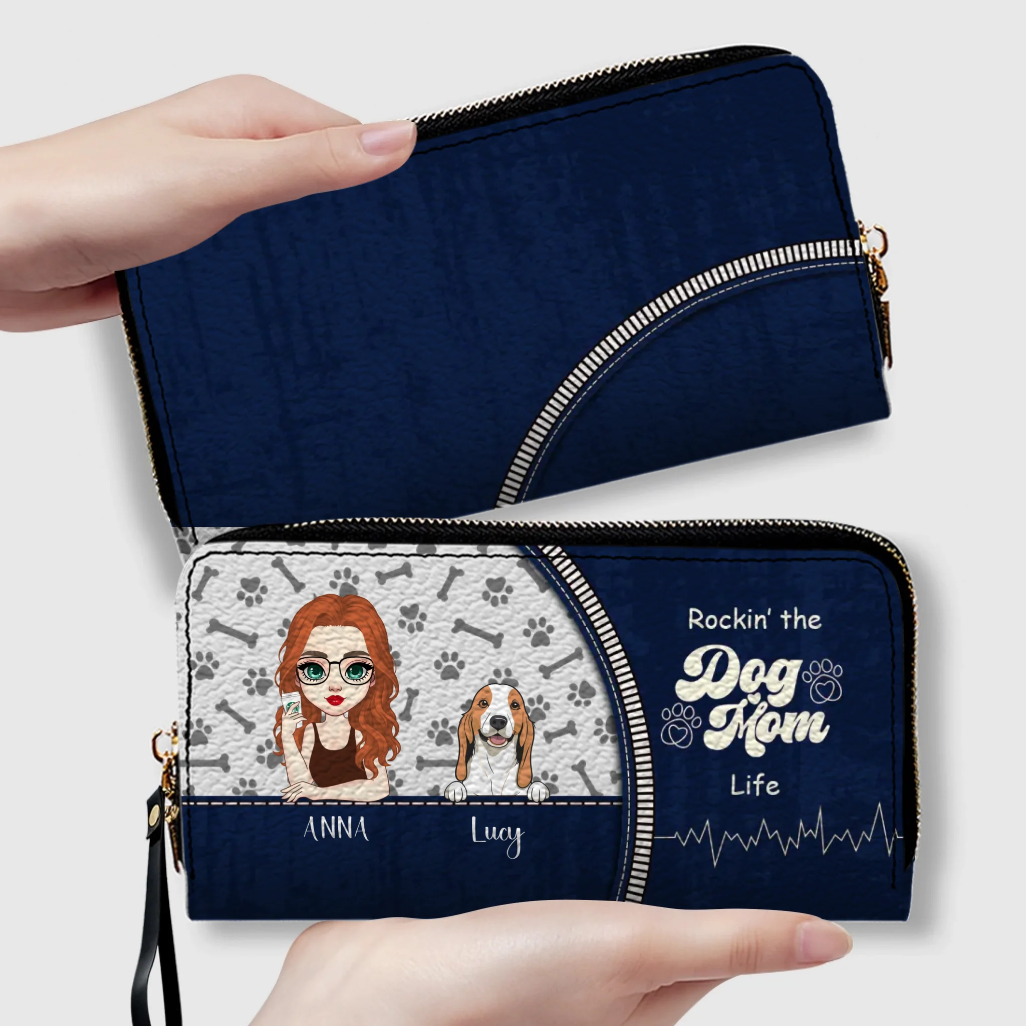 Personalized Dog Mom Wallet – Custom Girl & Dog Illustration Zip Wallet - 89Prints