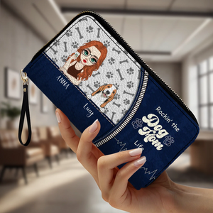 Personalized Dog Mom Wallet – Custom Girl & Dog Illustration Zip Wallet - 89Prints