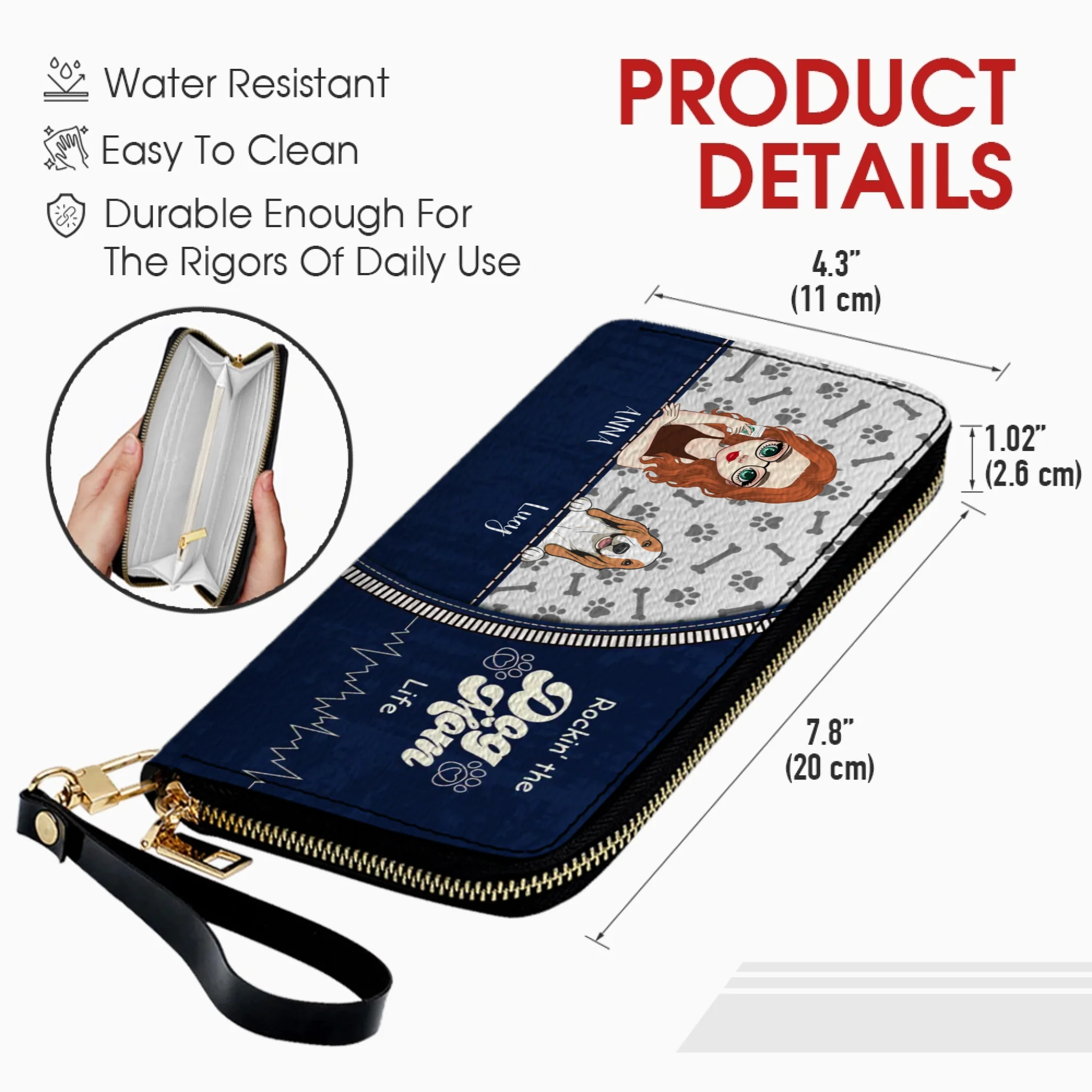 Personalized Dog Mom Wallet – Custom Girl & Dog Illustration Zip Wallet - 89Prints