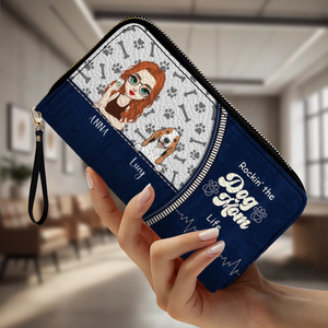 Personalized Dog Mom Wallet – Custom Girl & Dog Illustration Zip Wallet - 89Prints