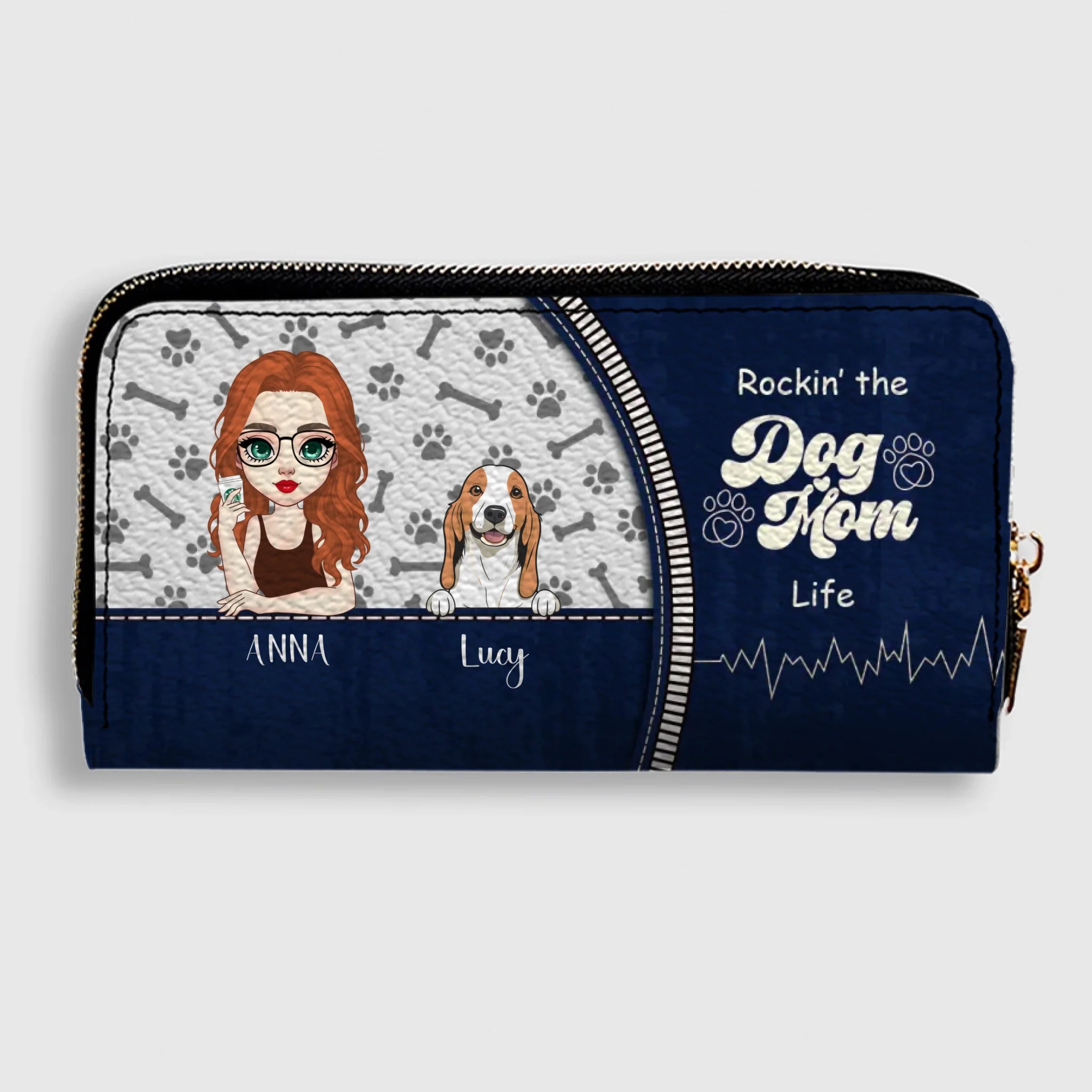 Personalized Dog Mom Wallet – Custom Girl & Dog Illustration Zip Wallet - 89Prints