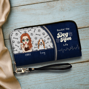 Personalized Dog Mom Wallet – Custom Girl & Dog Illustration Zip Wallet - 89Prints