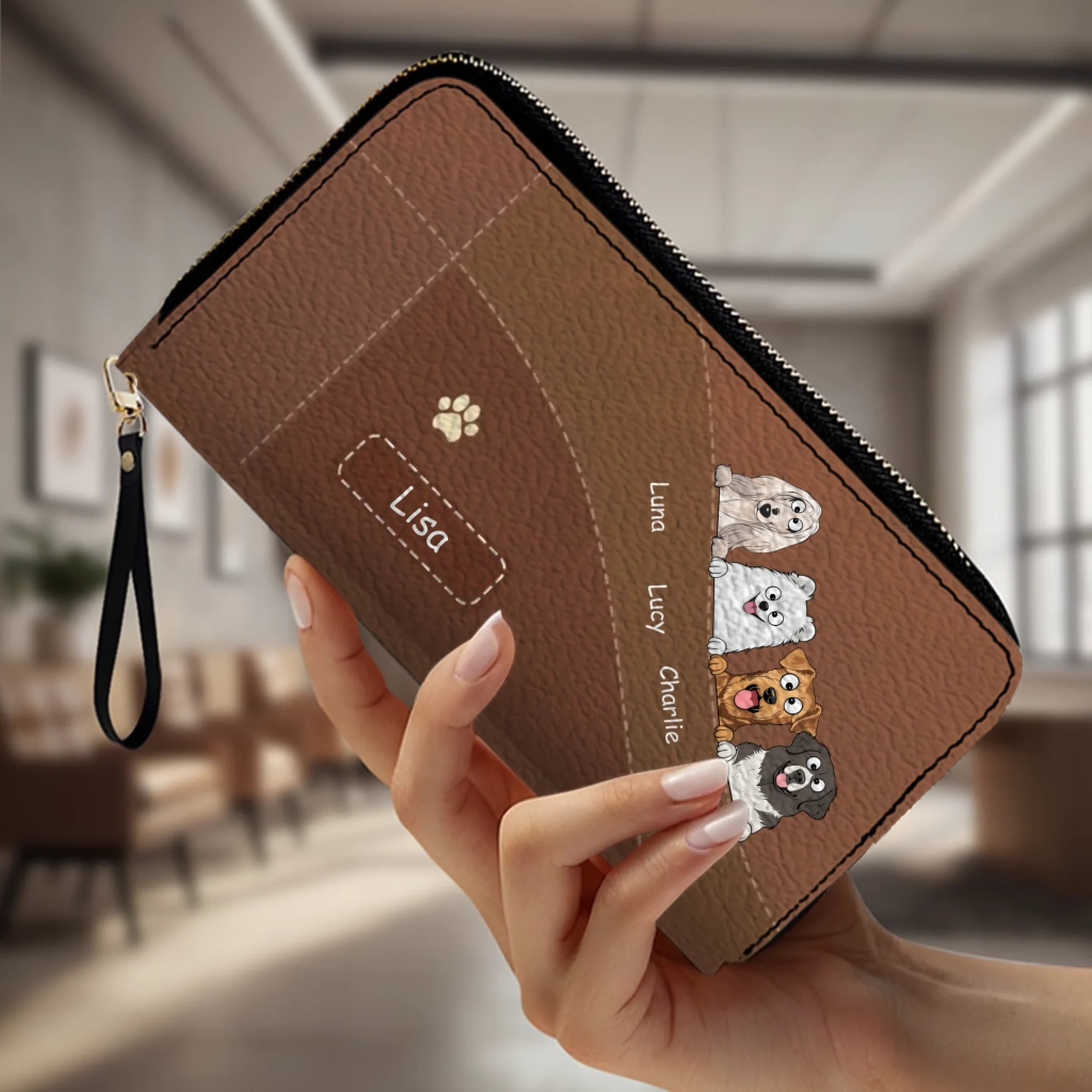 Personalized Dog Leather Wallet With Multiple Dogs Names, Color Options, Cute Cartoon Pets & Text - 89Prints