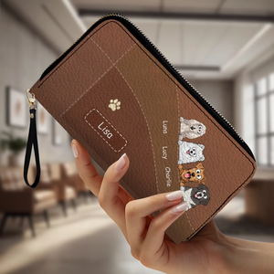 Personalized Dog Leather Wallet With Multiple Dogs Names, Color Options, Cute Cartoon Pets & Text - 89Prints