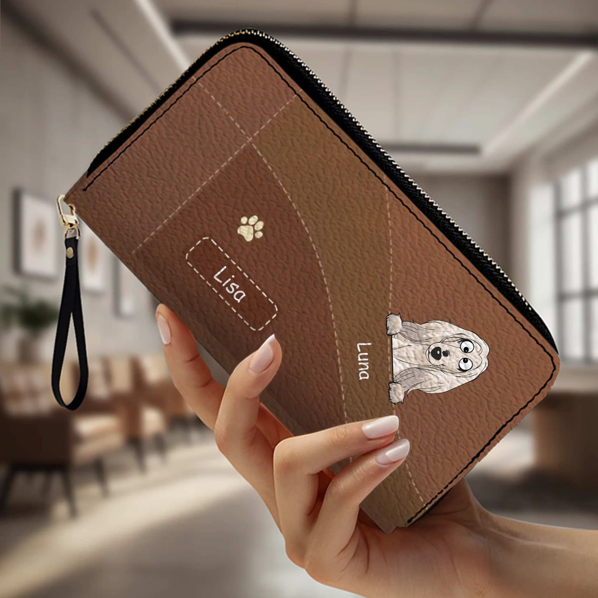 Personalized Dog Leather Wallet With Multiple Dogs Names, Color Options, Cute Cartoon Pets & Text - 89Prints