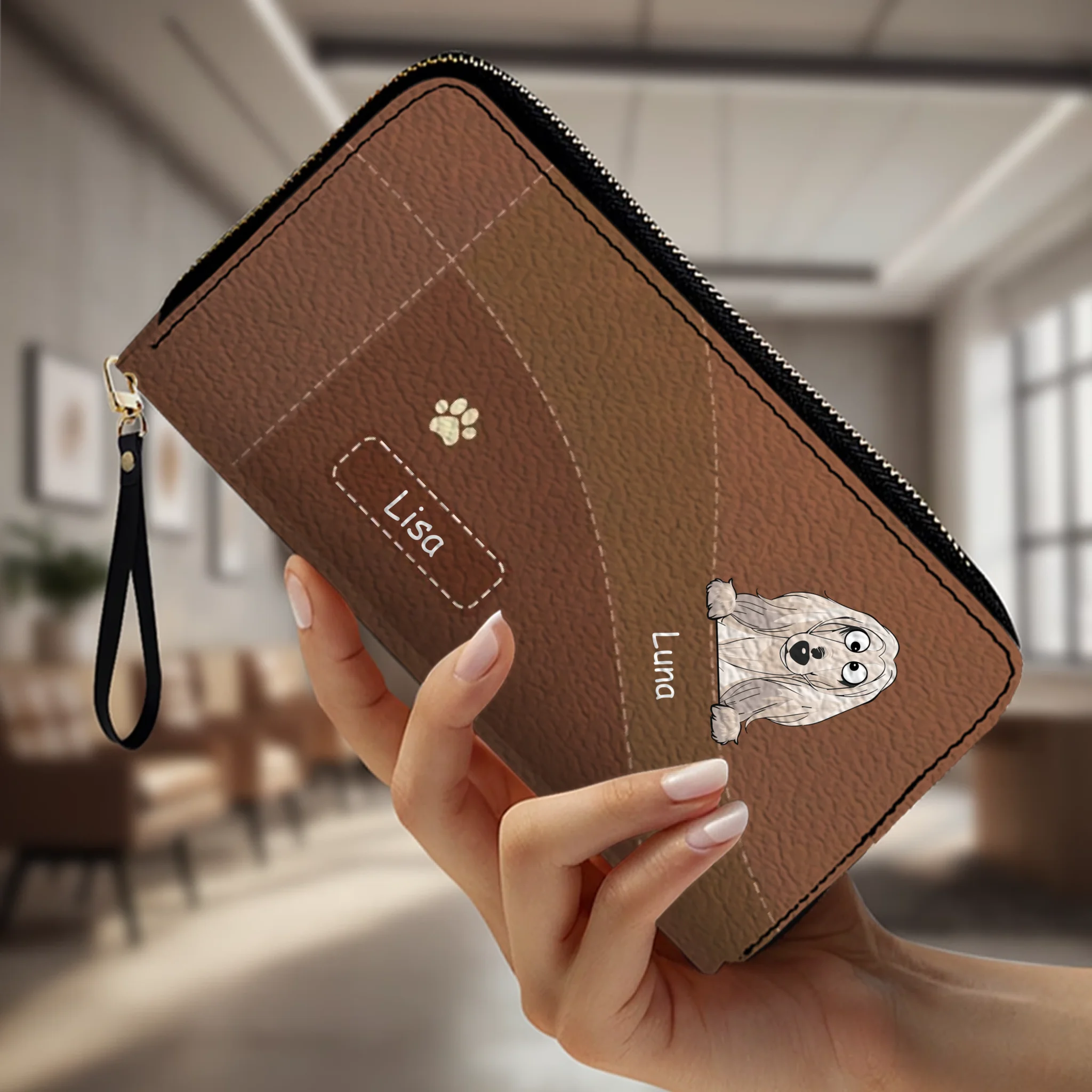 Personalized Dog Leather Wallet With Multiple Dogs Names, Color Options, Cute Cartoon Pets & Text - 89Prints