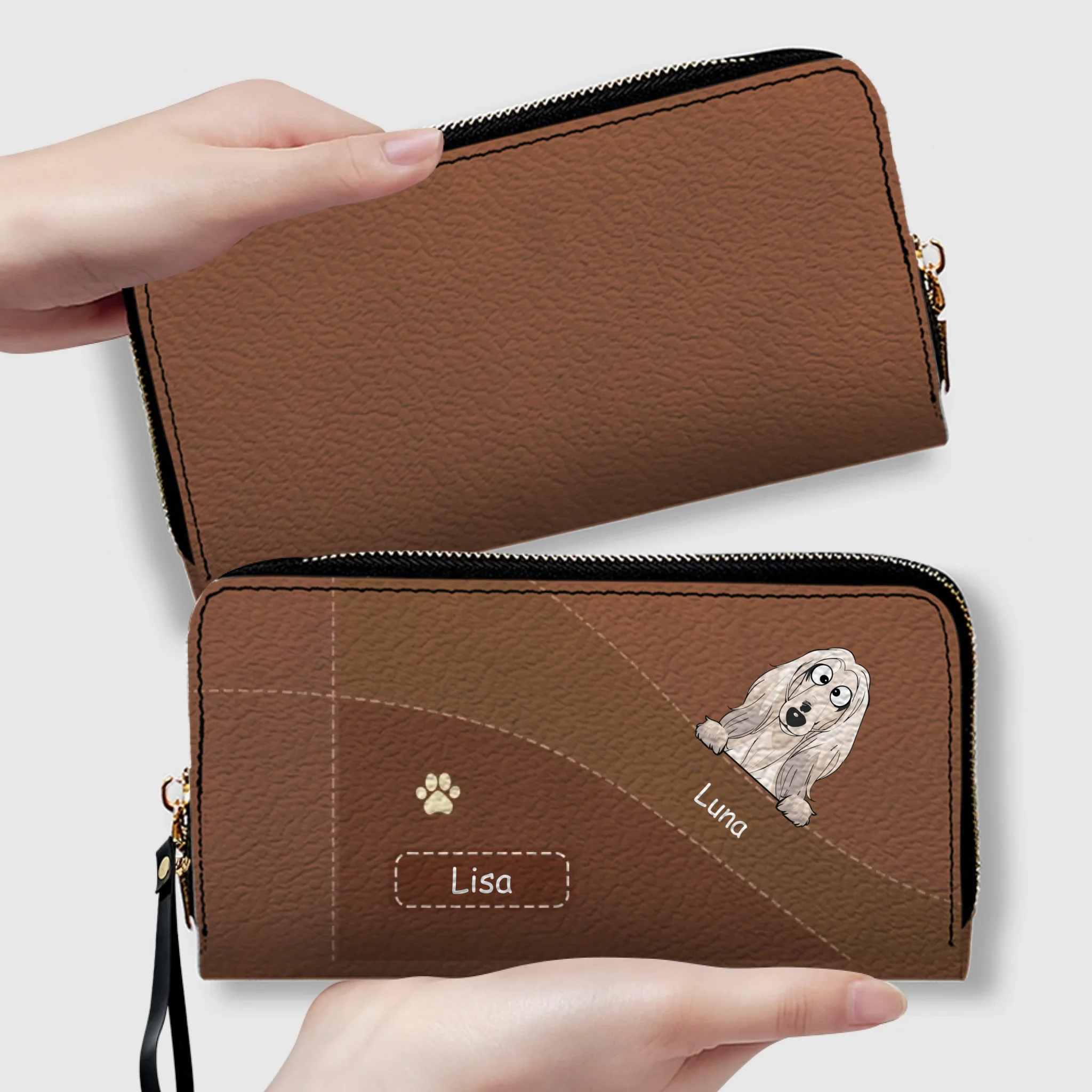 Personalized Dog Leather Wallet With Multiple Dogs Names, Color Options, Cute Cartoon Pets & Text - 89Prints