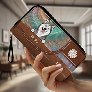 Personalized Floral Pattern Leather Wallet - Customize Your Name and Dog Clipart - 89Prints