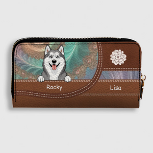 Personalized Floral Pattern Leather Wallet - Customize Your Name and Dog Clipart - 89Prints