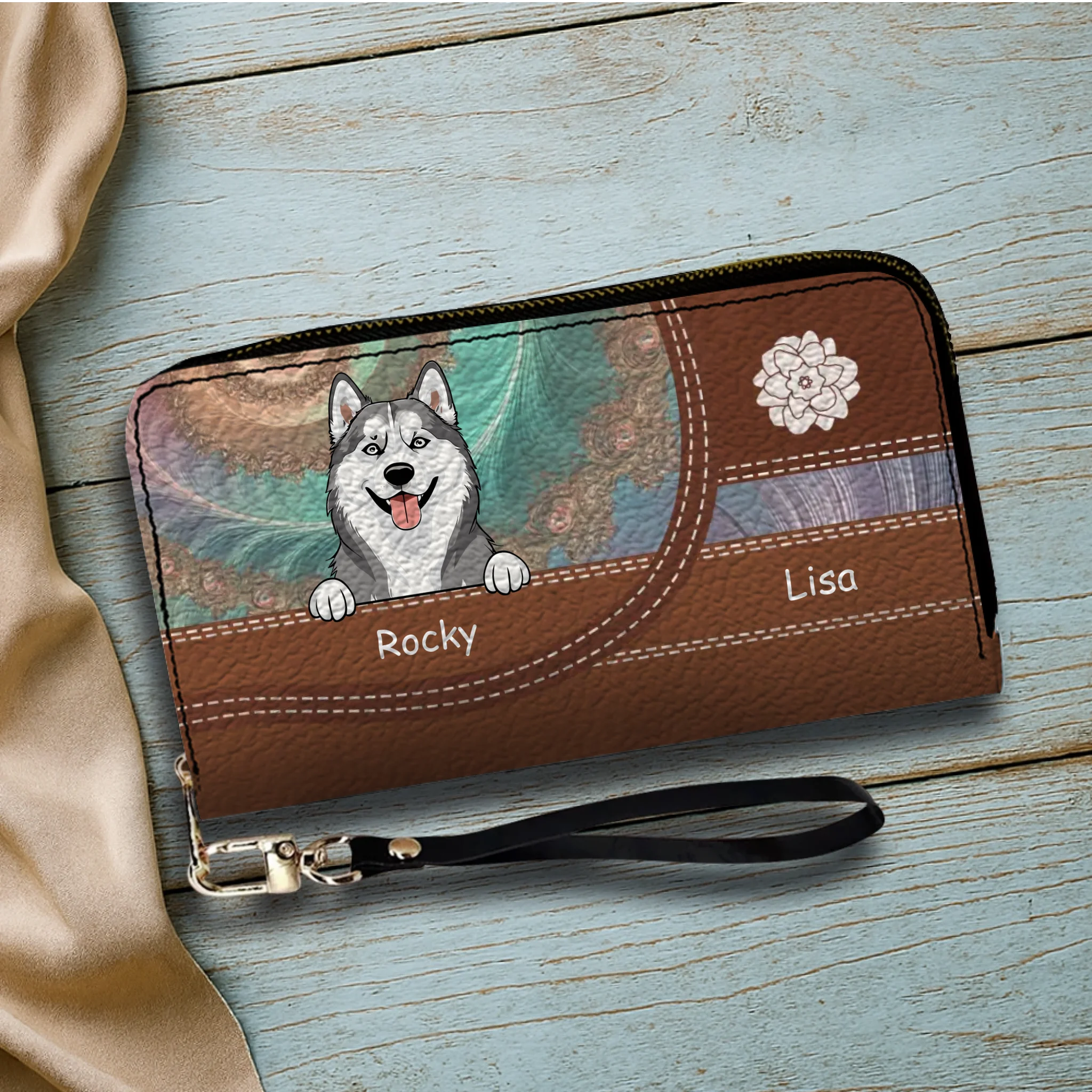 Personalized Floral Pattern Leather Wallet - Customize Your Name and Dog Clipart - 89Prints