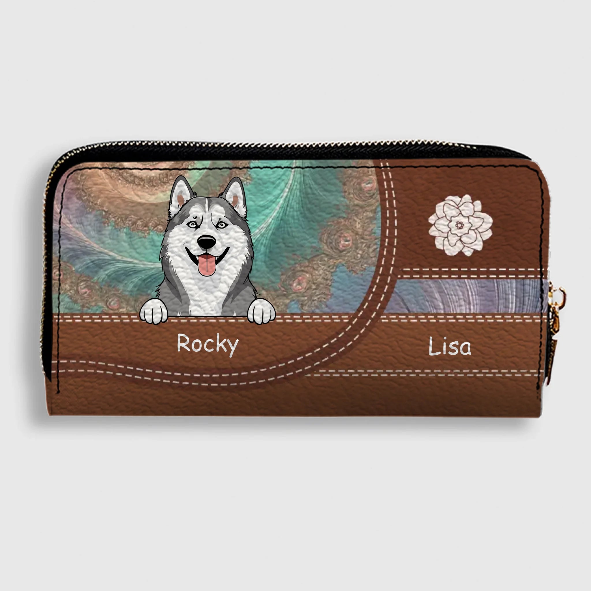 Personalized Floral Pattern Leather Wallet - Customize Your Name and Dog Clipart - 89Prints