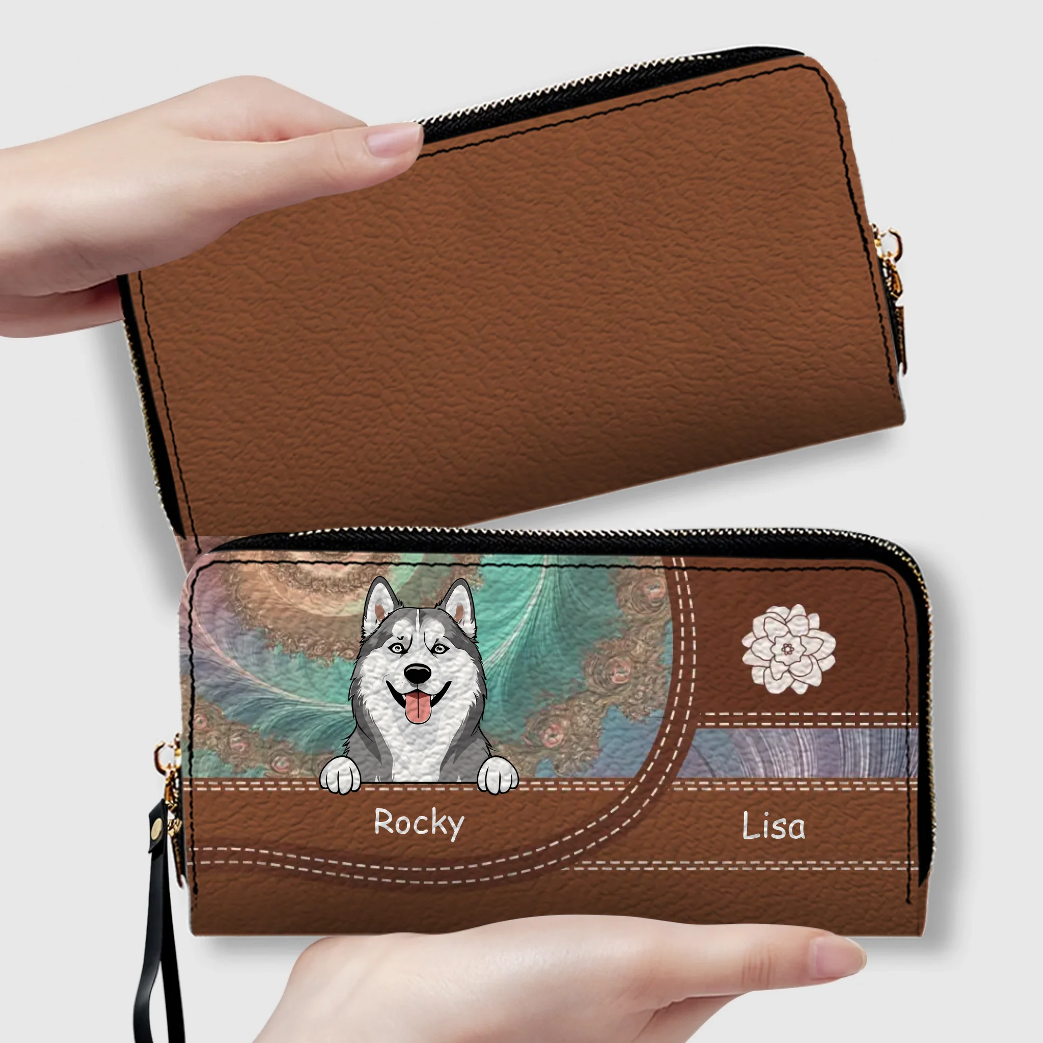 Personalized Floral Pattern Leather Wallet - Customize Your Name and Dog Clipart - 89Prints