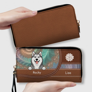 Personalized Floral Pattern Leather Wallet - Customize Your Name and Dog Clipart - 89Prints