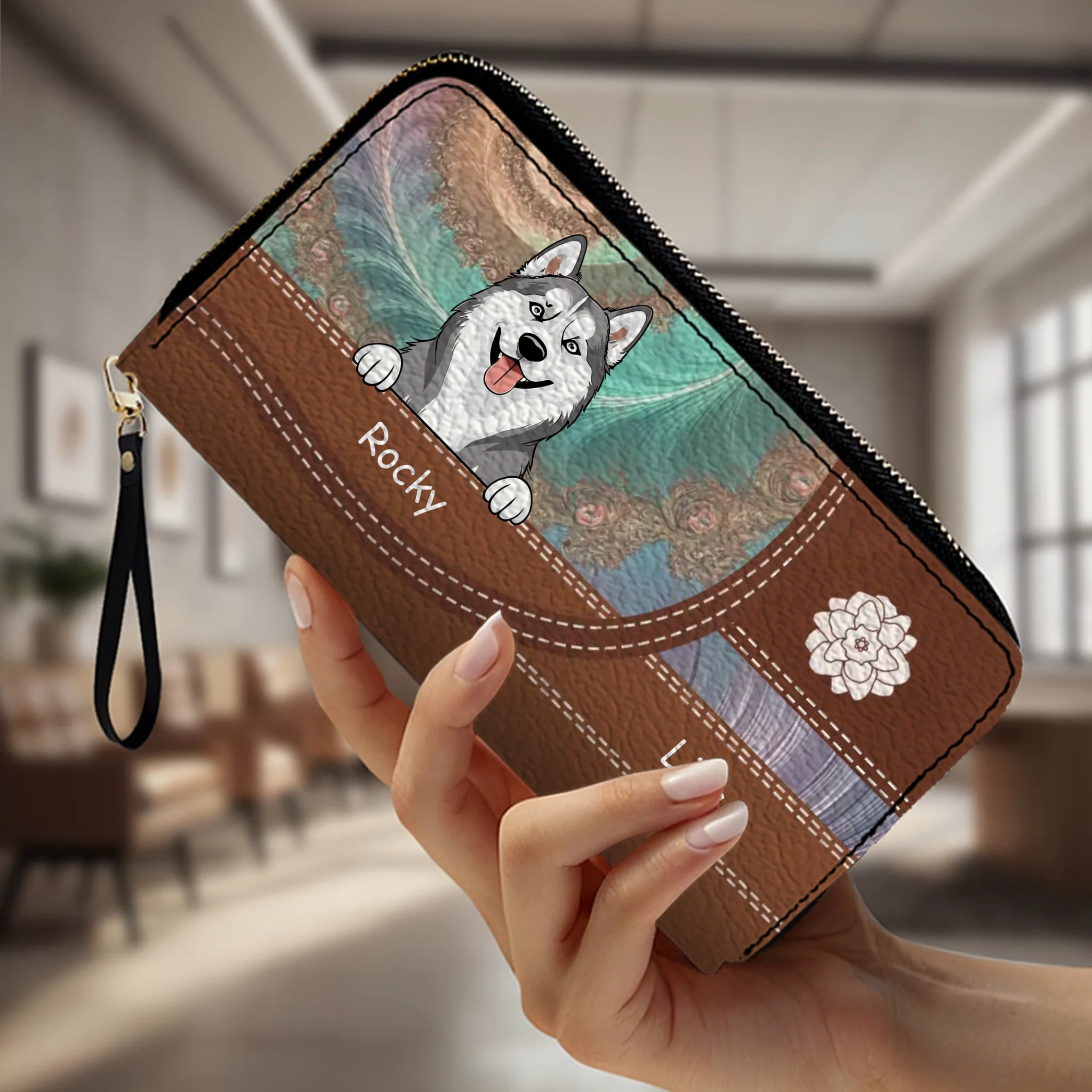 Personalized Floral Pattern Leather Wallet - Customize Your Name and Dog Clipart - 89Prints