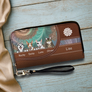 Personalized Floral Pattern Leather Wallet - Customize Your Name and Dog Clipart - 89Prints