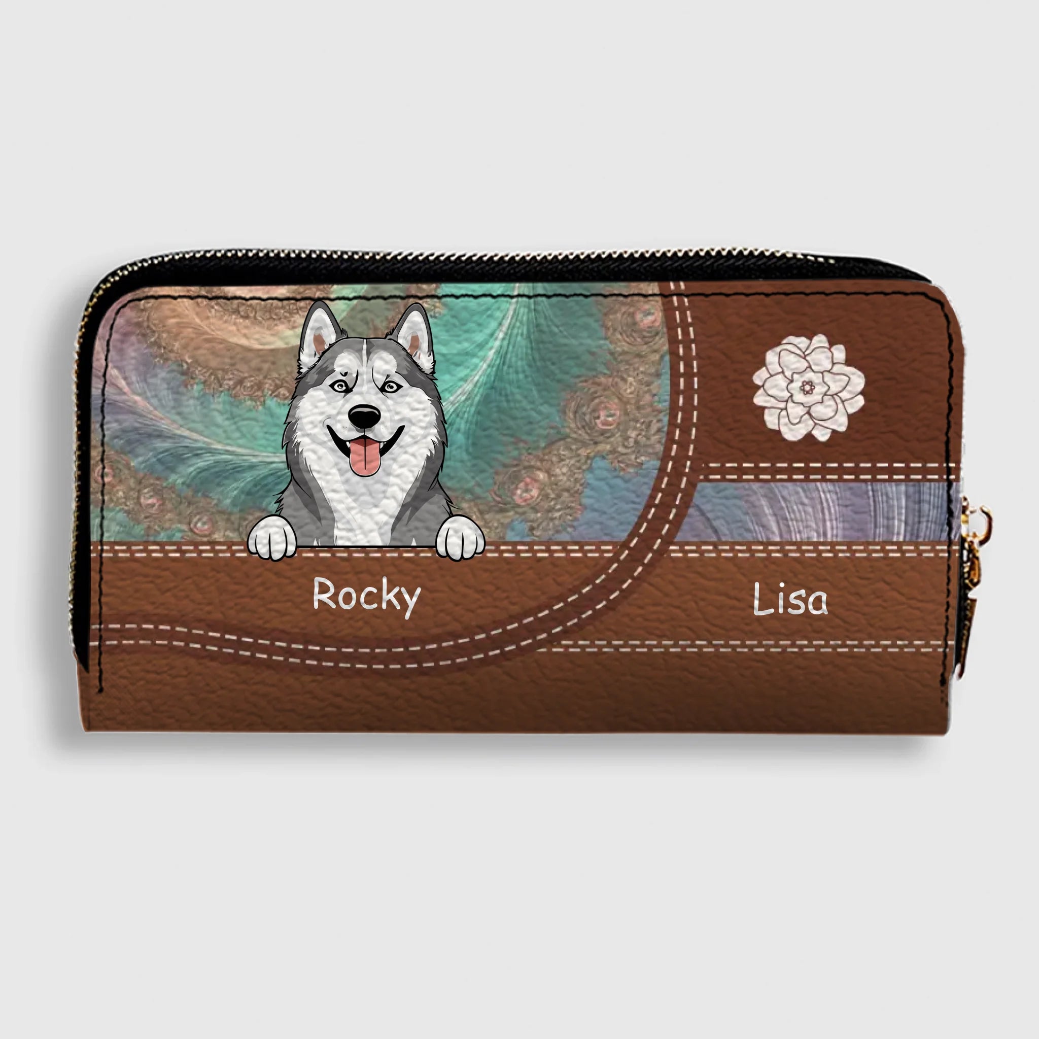 Personalized Floral Pattern Leather Wallet - Customize Your Name and Dog Clipart - 89Prints