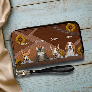 Personalize Sunflower Pattern Leather Wallet - Customize Your Dog Name and Dog Clipart - 89Prints