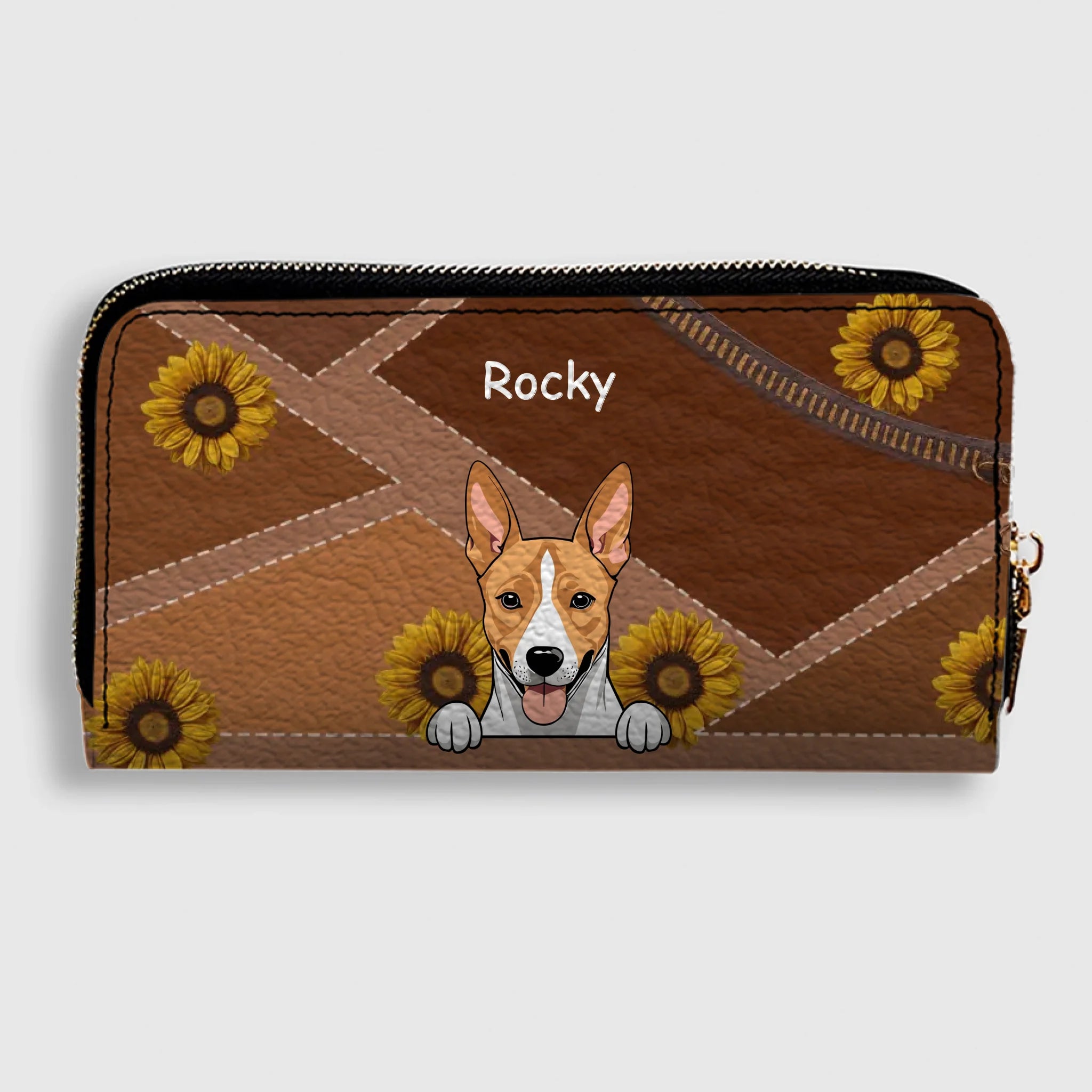 Personalize Sunflower Pattern Leather Wallet - Customize Your Dog Name and Dog Clipart - 89Prints