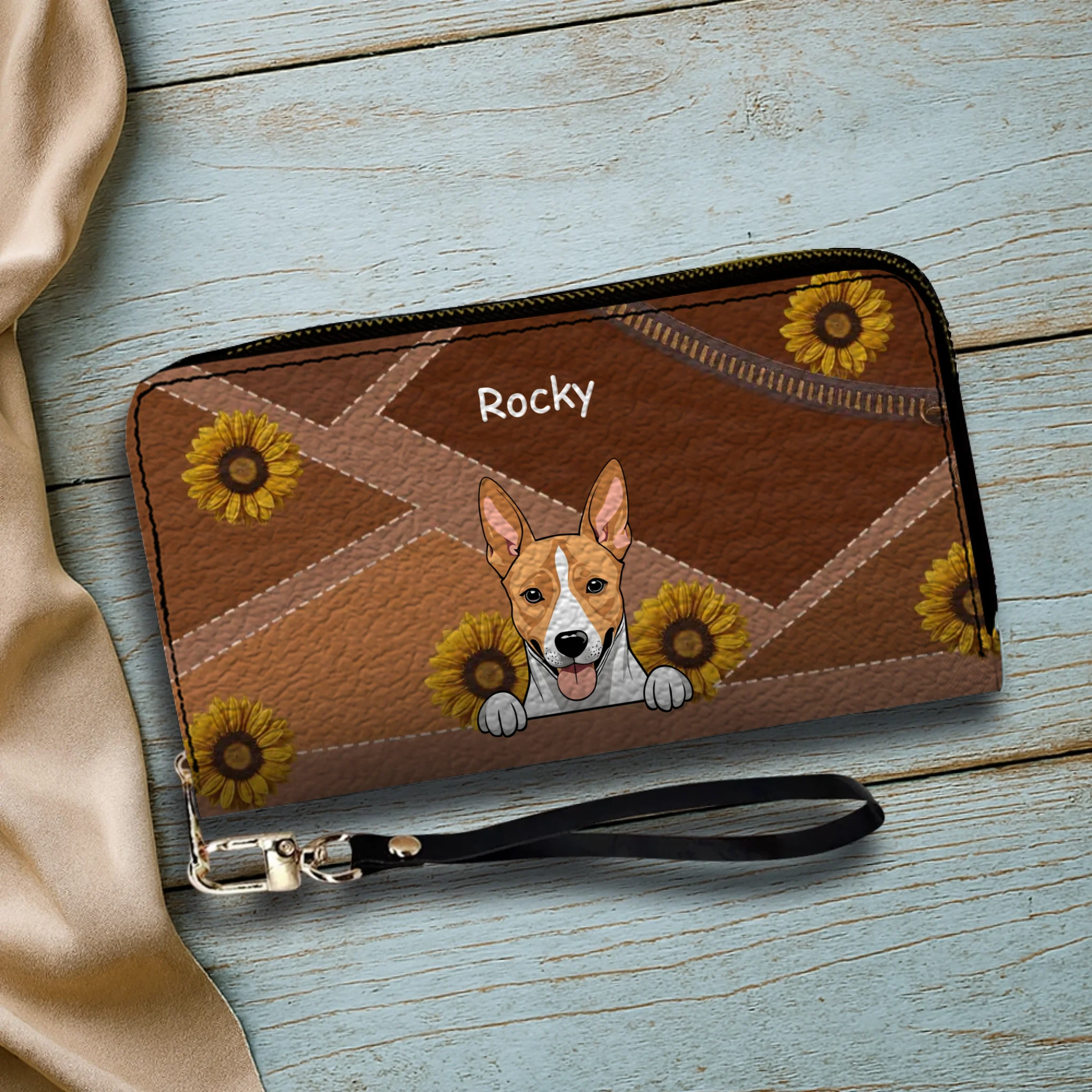 Personalize Sunflower Pattern Leather Wallet - Customize Your Dog Name and Dog Clipart - 89Prints