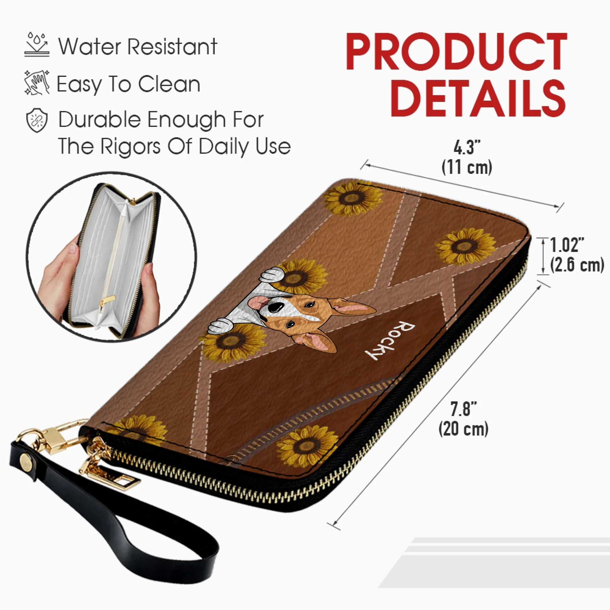 Personalize Sunflower Pattern Leather Wallet - Customize Your Dog Name and Dog Clipart - 89Prints