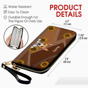 Personalize Sunflower Pattern Leather Wallet - Customize Your Dog Name and Dog Clipart - 89Prints