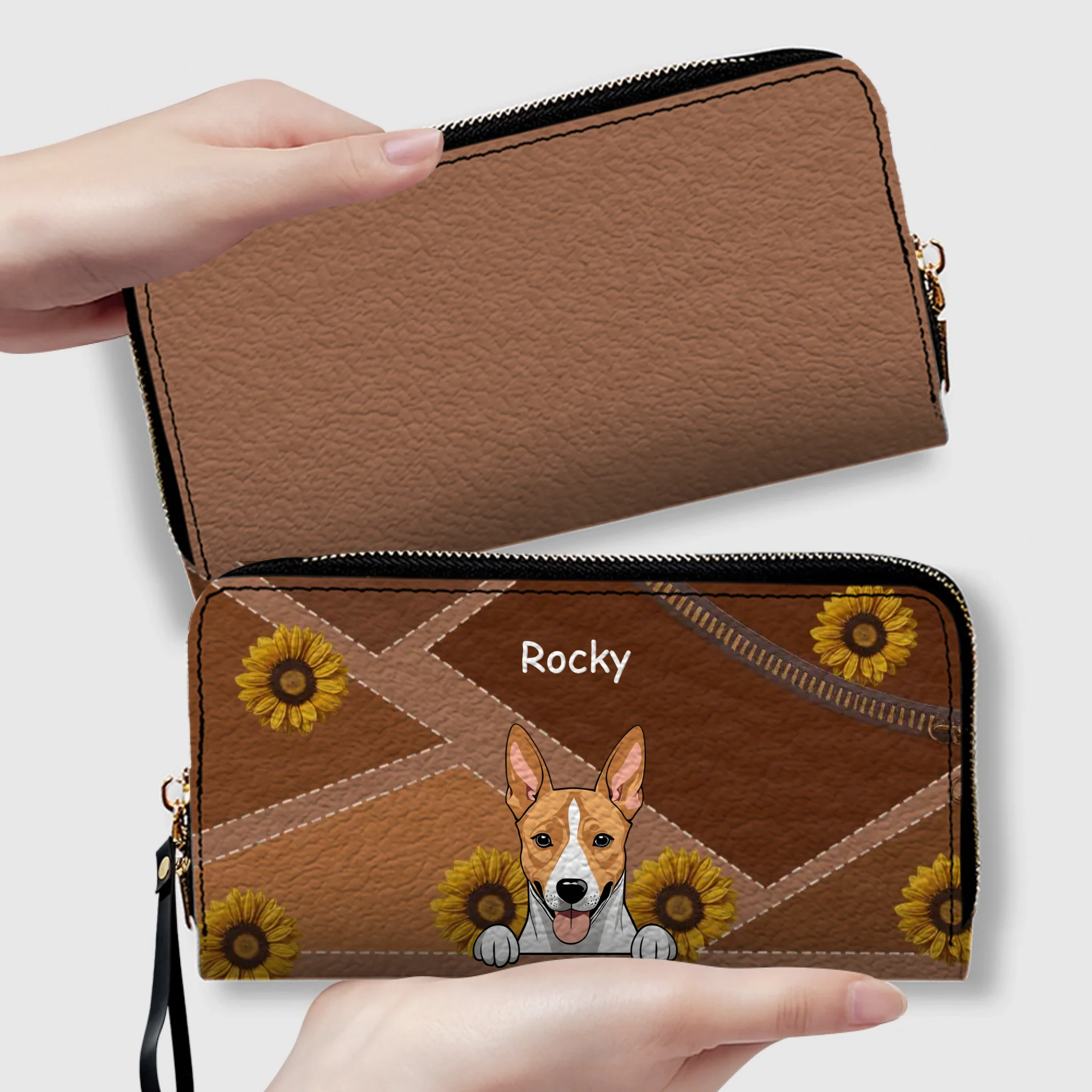 Personalize Sunflower Pattern Leather Wallet - Customize Your Dog Name and Dog Clipart - 89Prints