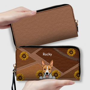 Personalize Sunflower Pattern Leather Wallet - Customize Your Dog Name and Dog Clipart - 89Prints
