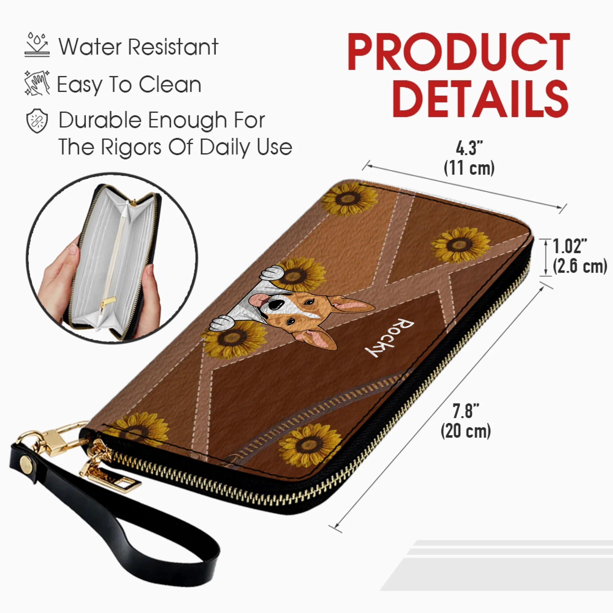 Personalize Sunflower Pattern Leather Wallet - Customize Your Dog Name and Dog Clipart - 89Prints