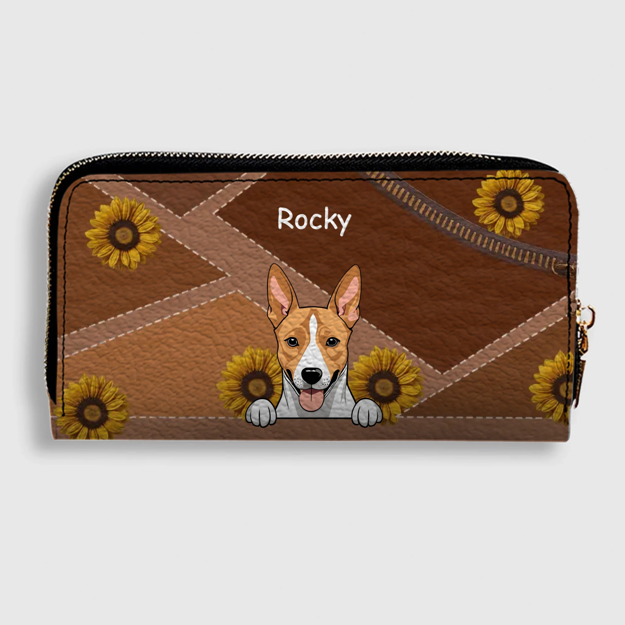 Personalize Sunflower Pattern Leather Wallet - Customize Your Dog Name and Dog Clipart - 89Prints