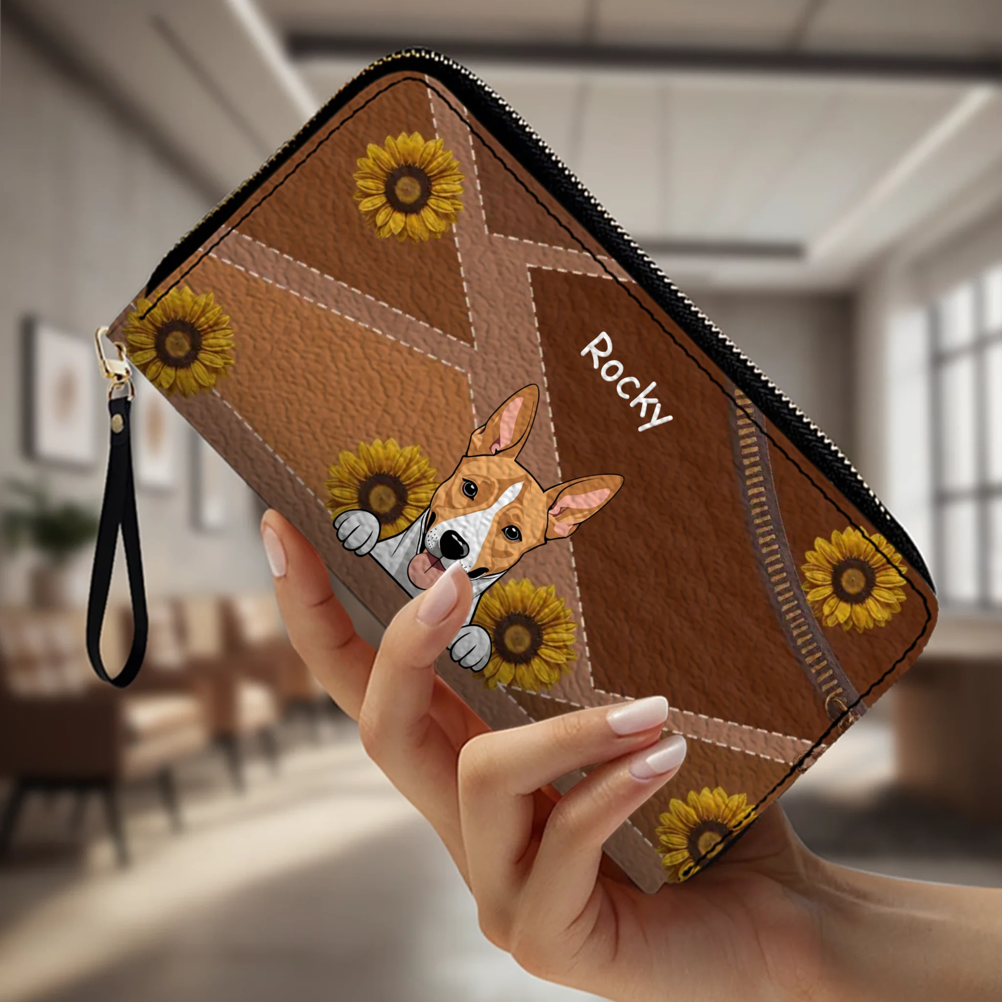 Personalize Sunflower Pattern Leather Wallet - Customize Your Dog Name and Dog Clipart - 89Prints